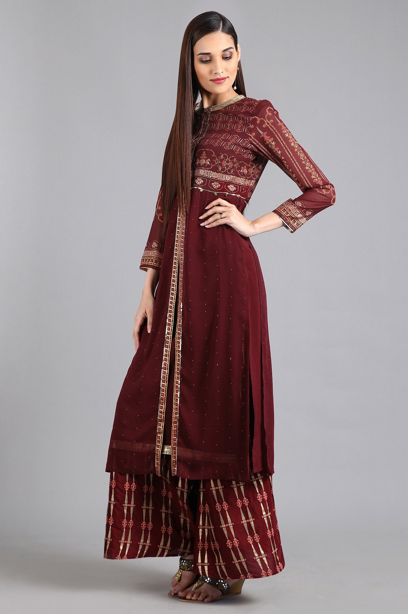 Wine Round Neck Printed kurta