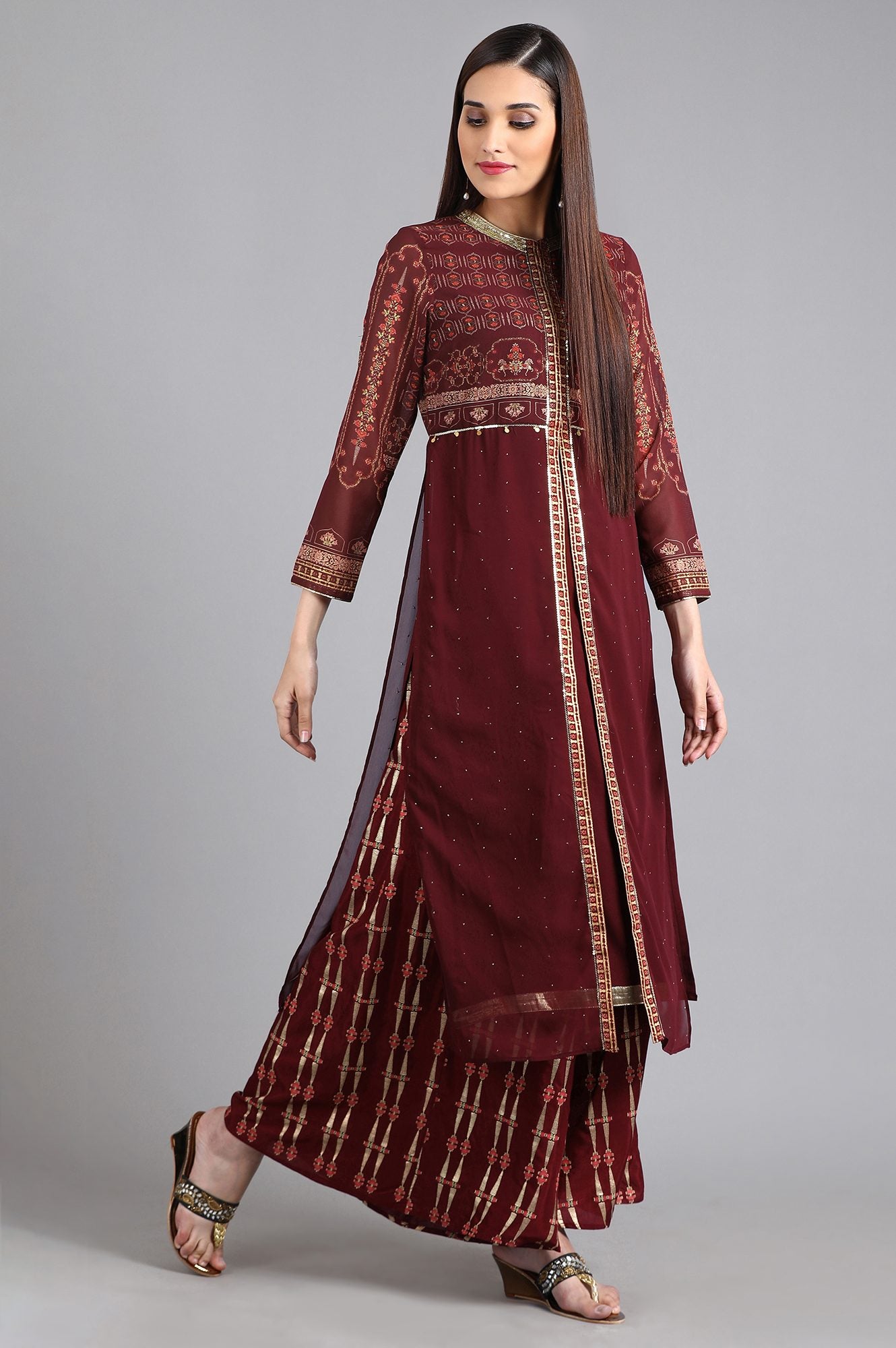 Wine Round Neck Printed kurta