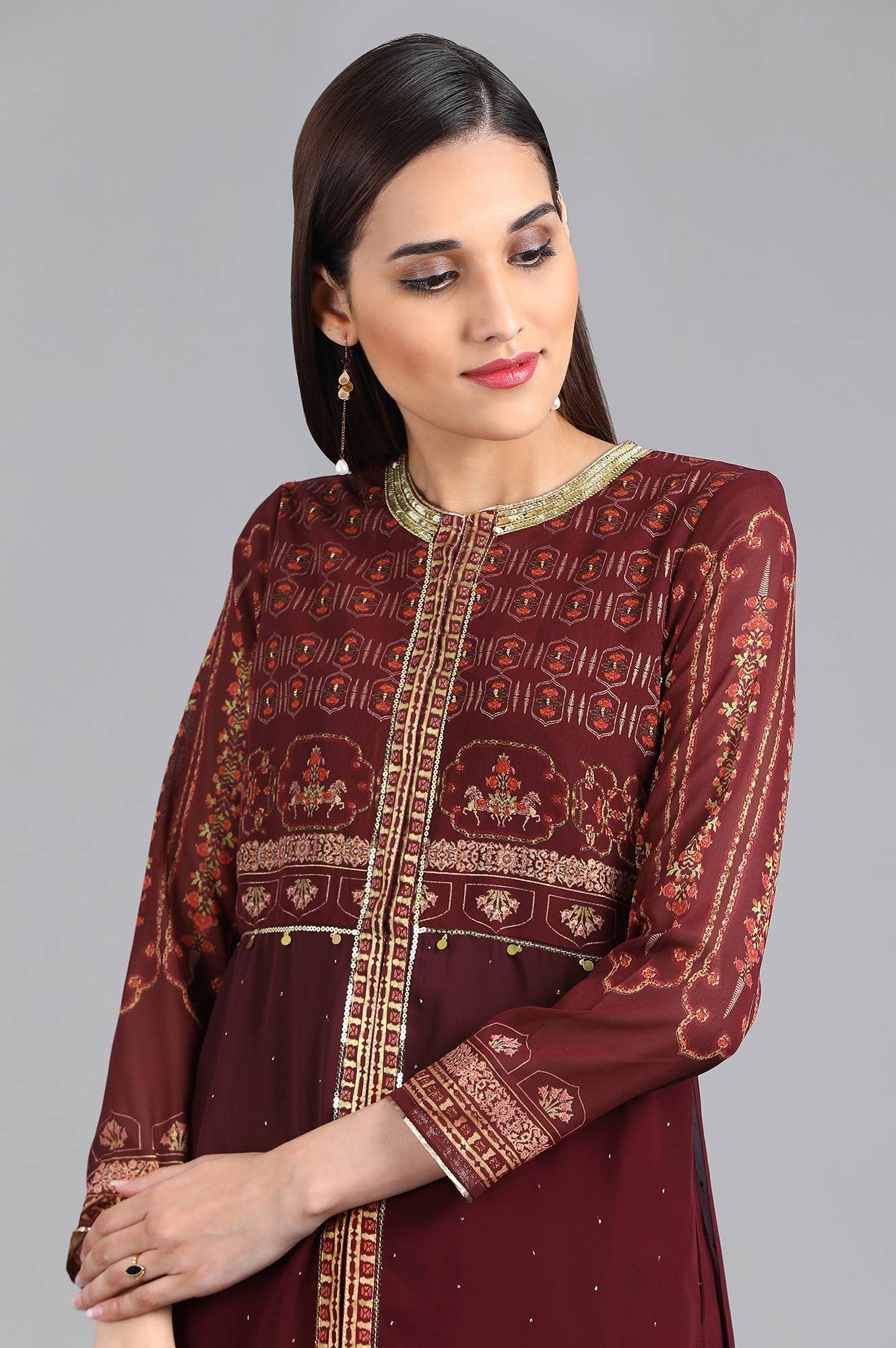 Wine Round Neck Printed kurta