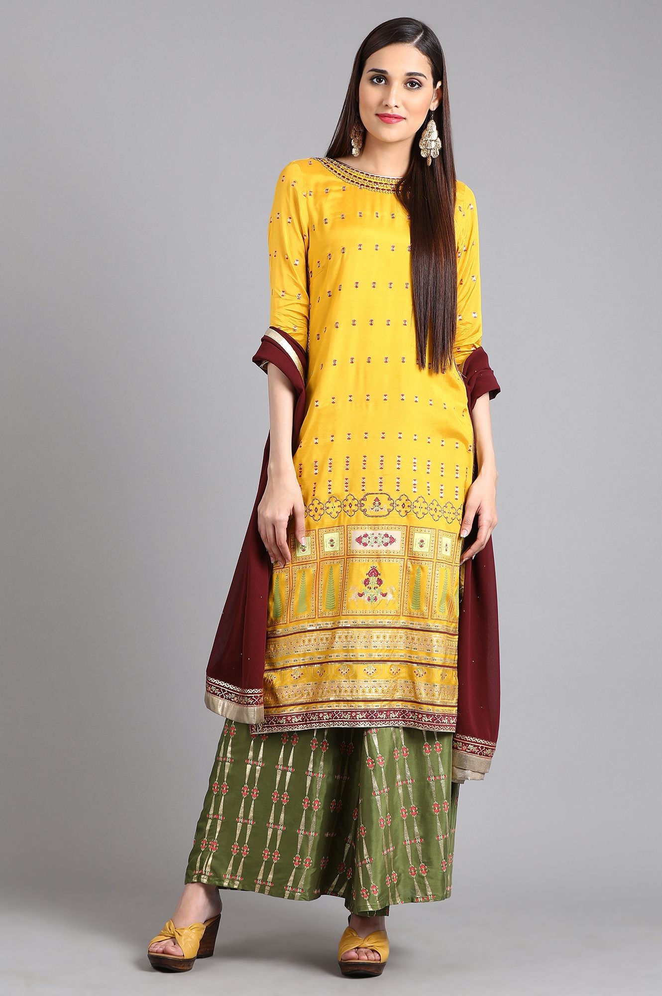 Yellow Round Neck Printed kurta