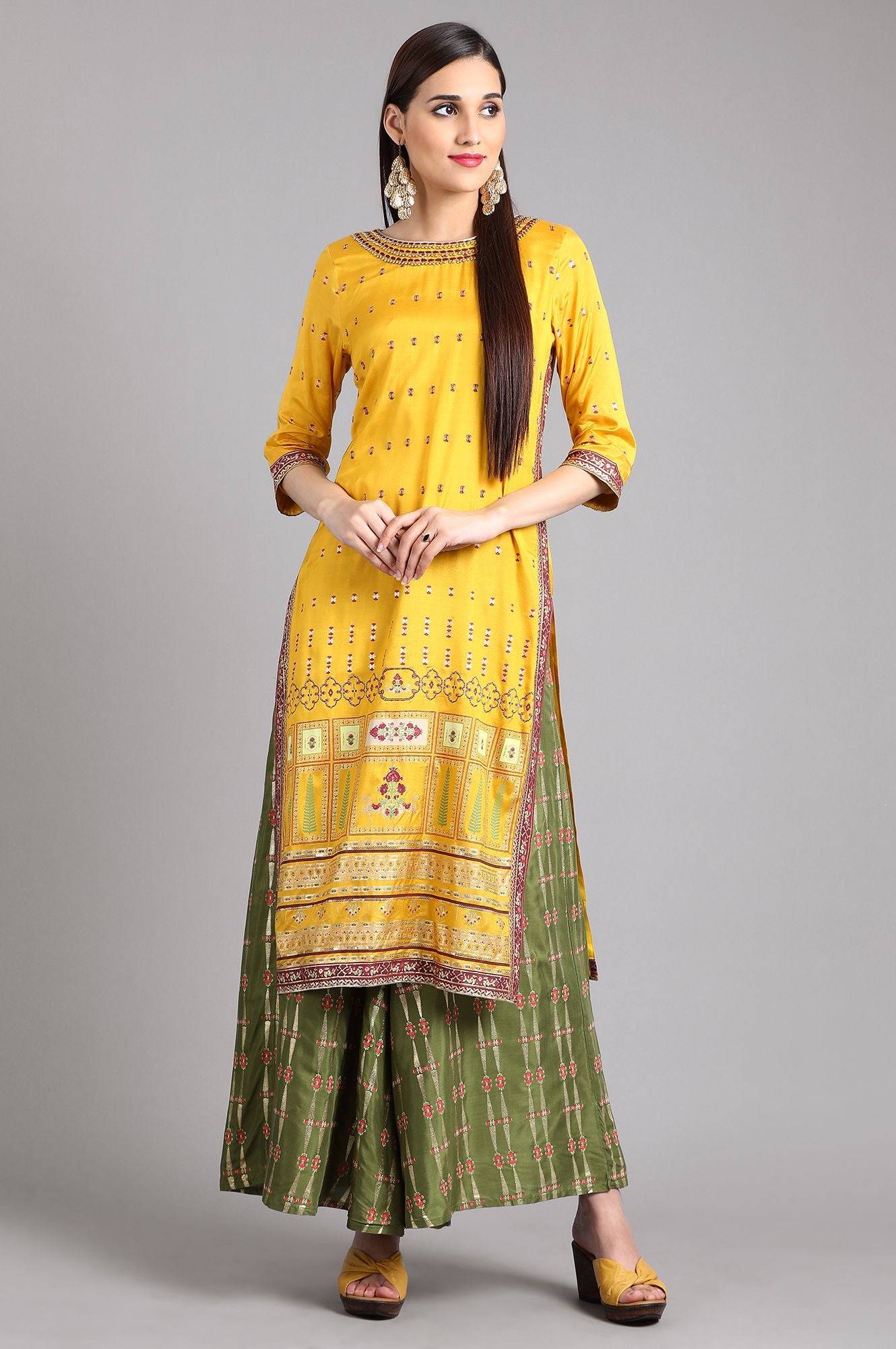Yellow Round Neck Printed kurta