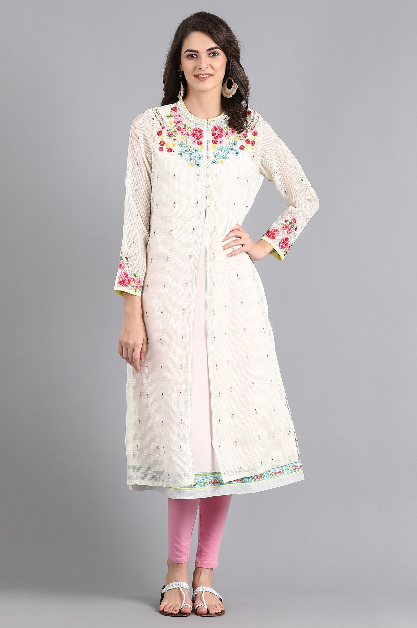 Ecru Mandarin Neck Printed kurta
