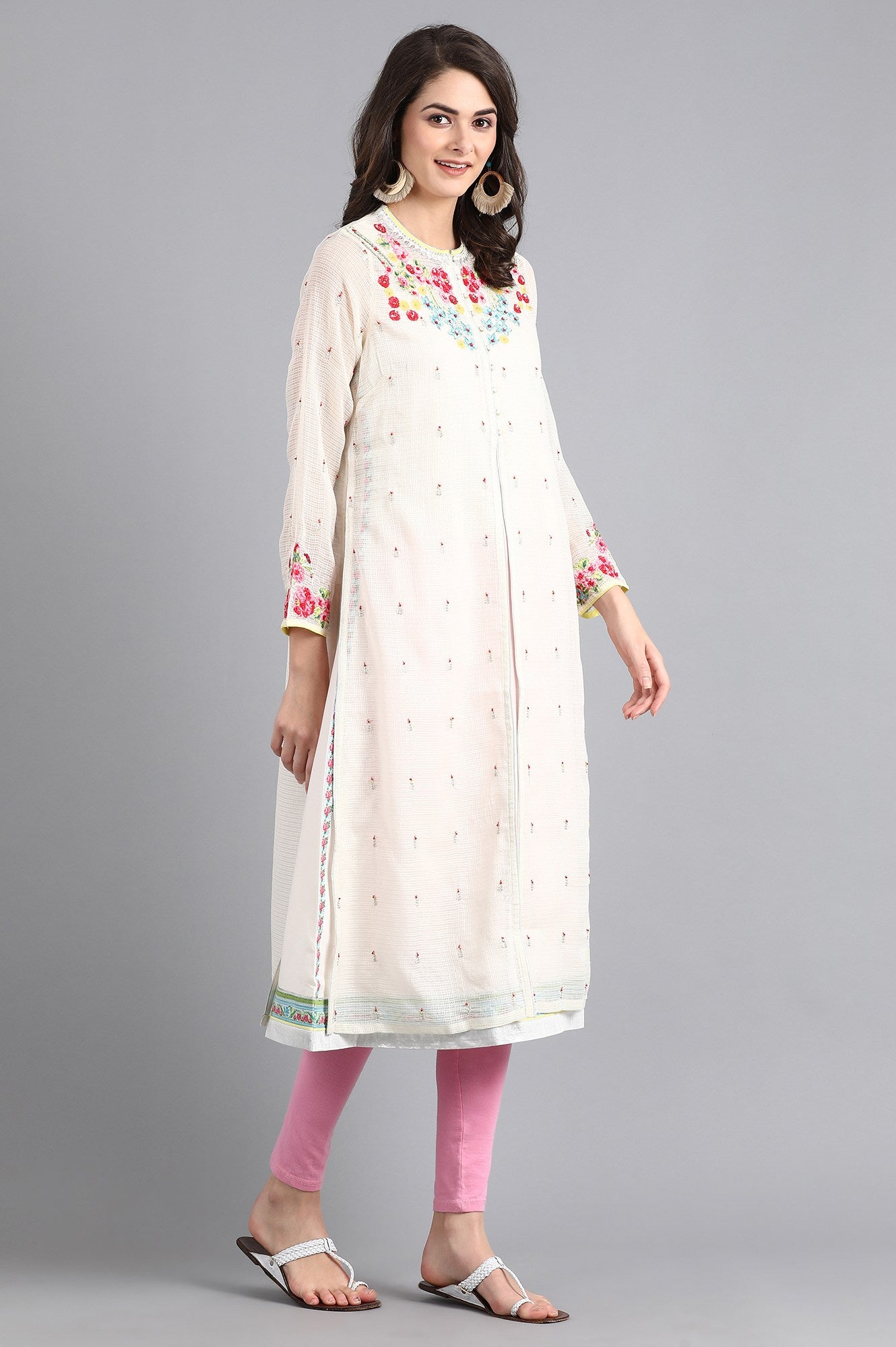 Ecru Mandarin Neck Printed kurta