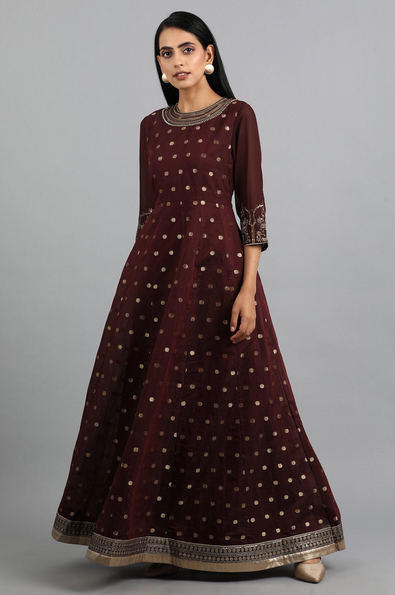 Maroon Round Neck Yarn-dyed Dress