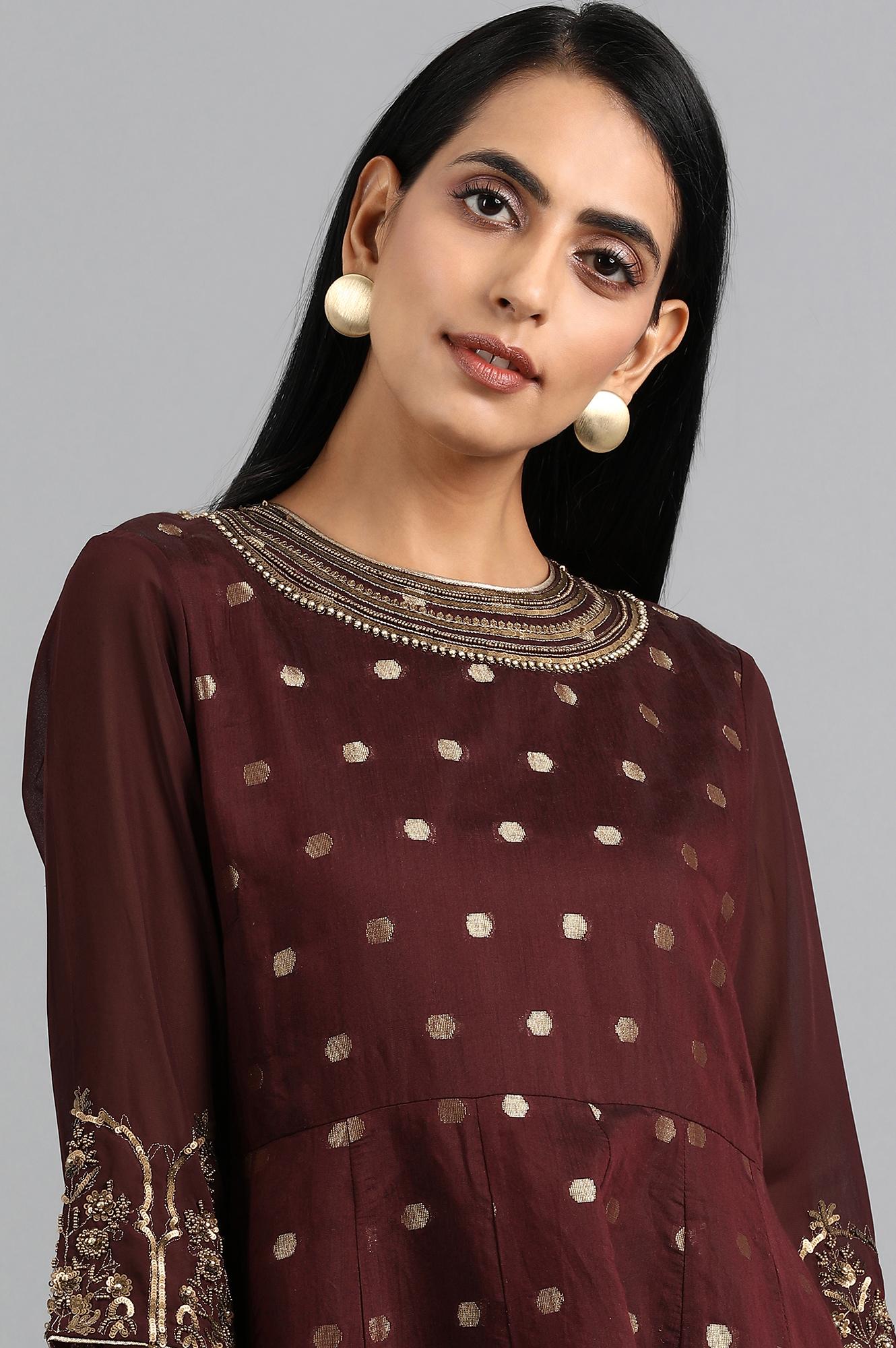 Maroon Round Neck Yarn-dyed Dress