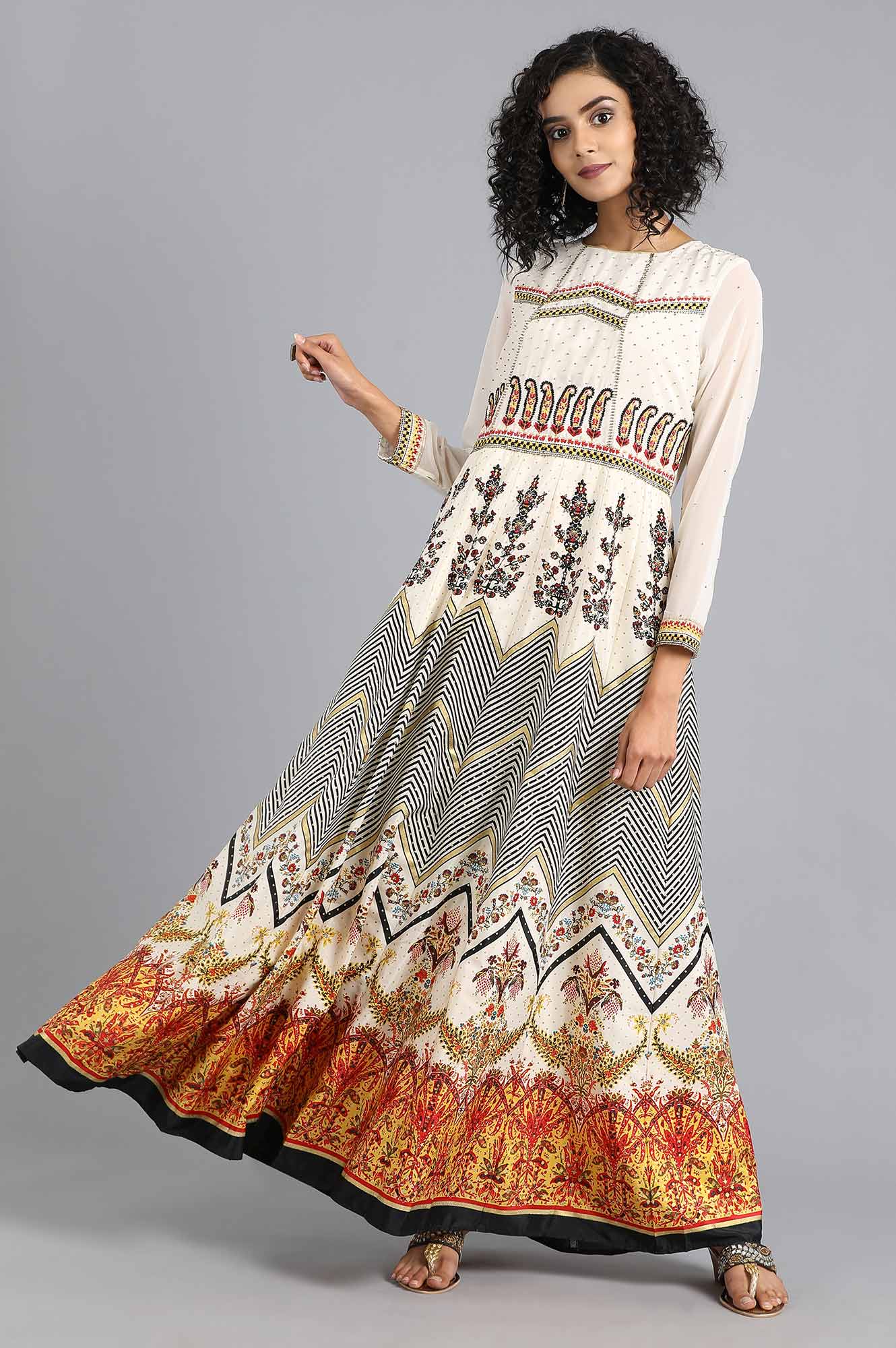 Ecru Round Neck Printed kurta