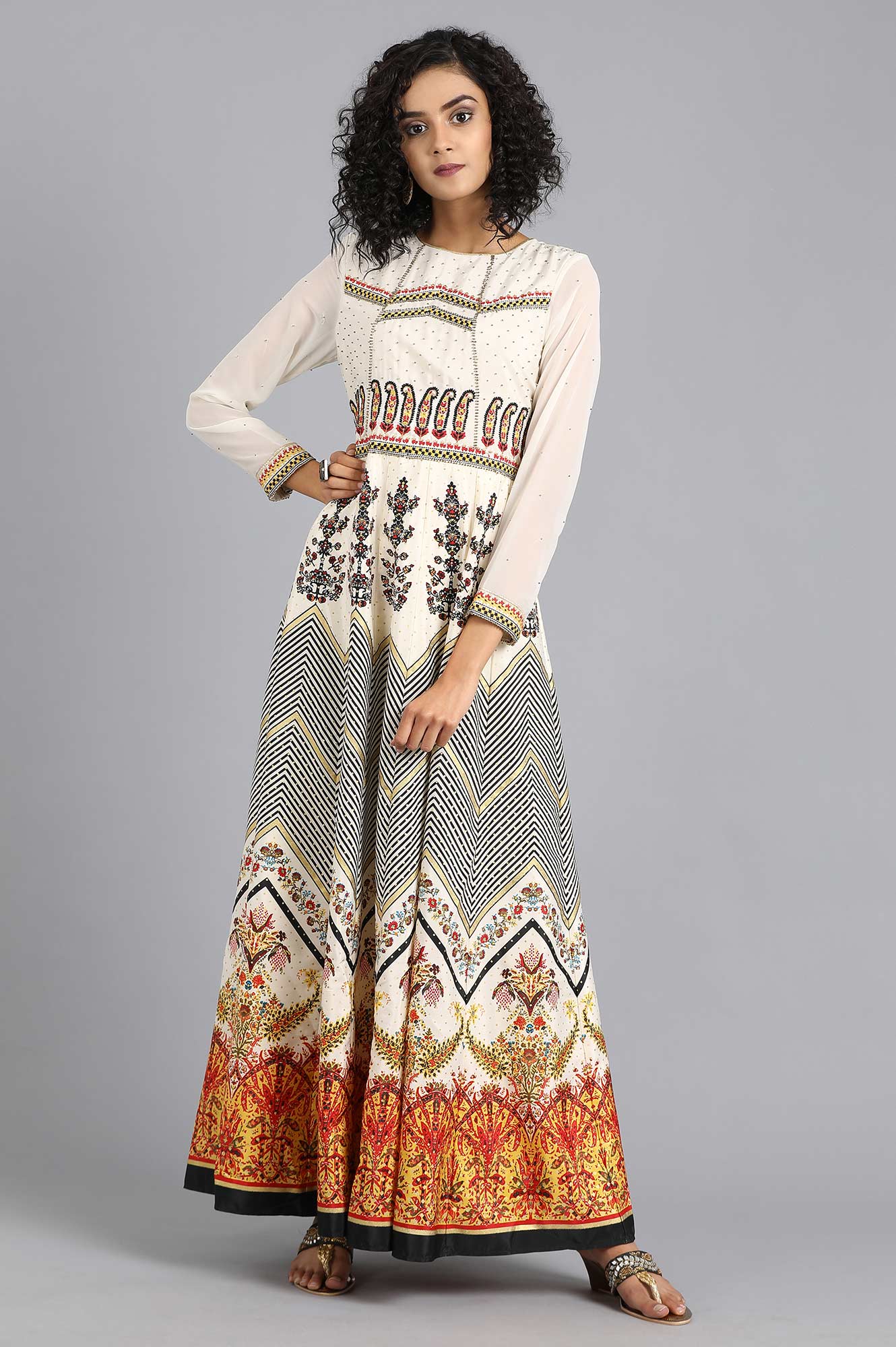 Ecru Round Neck Printed kurta
