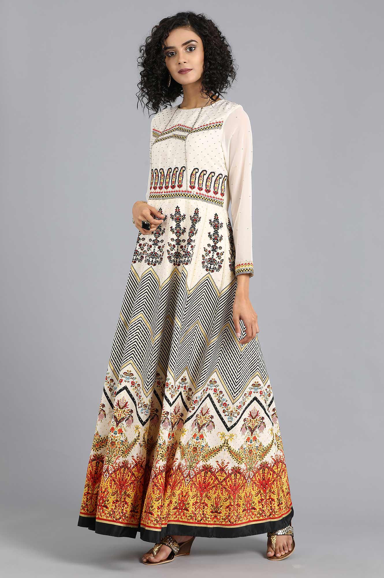 Ecru Round Neck Printed kurta