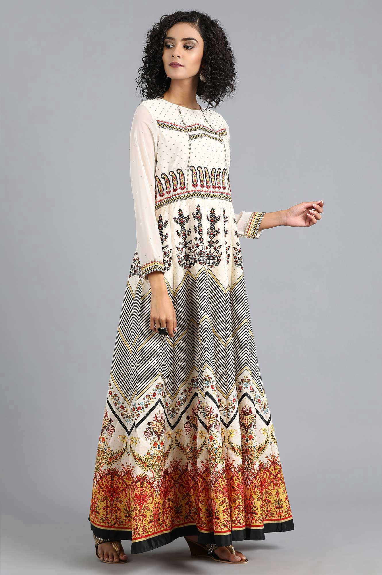 Ecru Round Neck Printed kurta