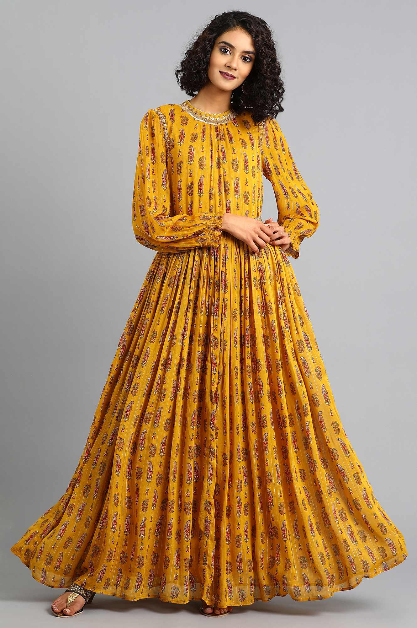 Yellow Mandarin Neck Printed kurta