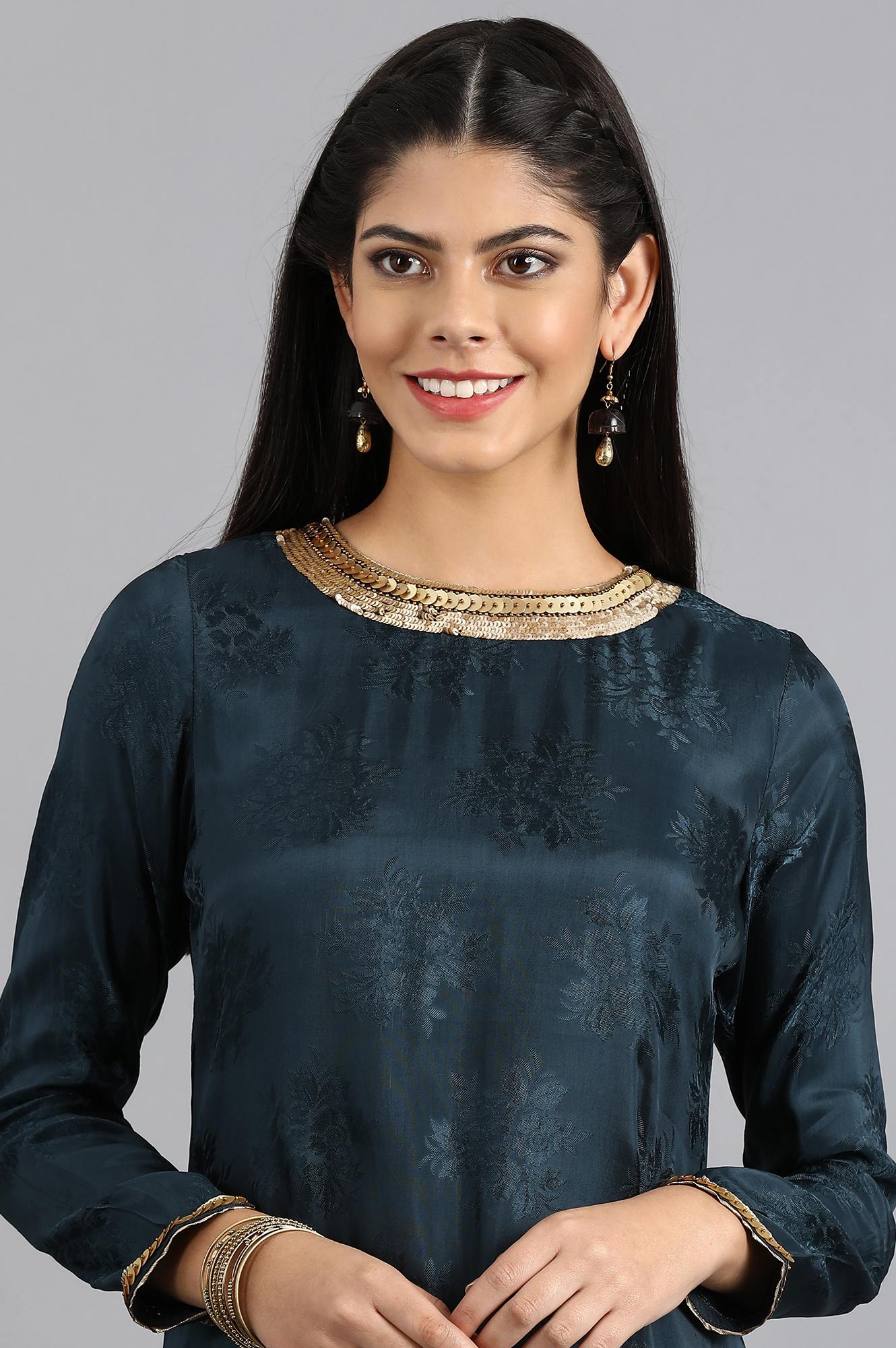 Blue Round Neck Yarn-dyed kurta Set