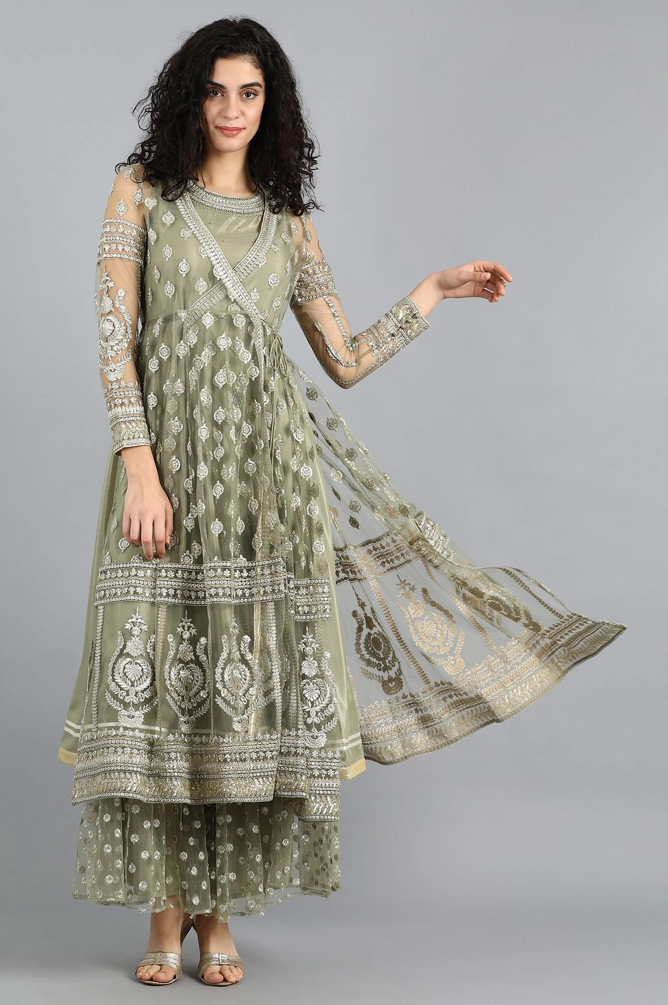 Grey Round Neck Embellished kurta Set