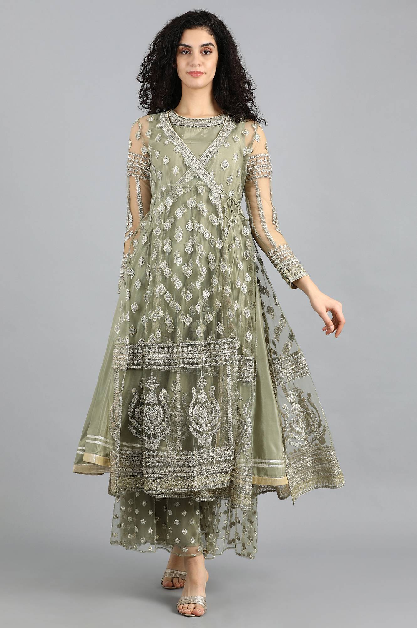 Grey Round Neck Embellished kurta Set