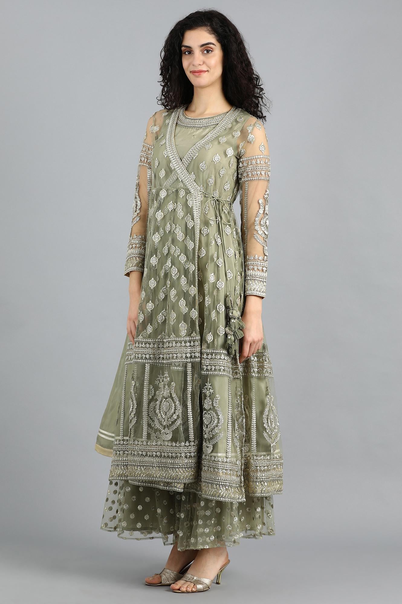 Grey Round Neck Embellished kurta Set