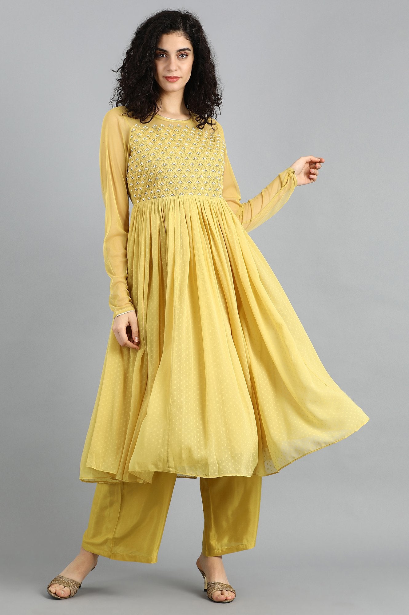 Yellow Round Neck Embellished Set