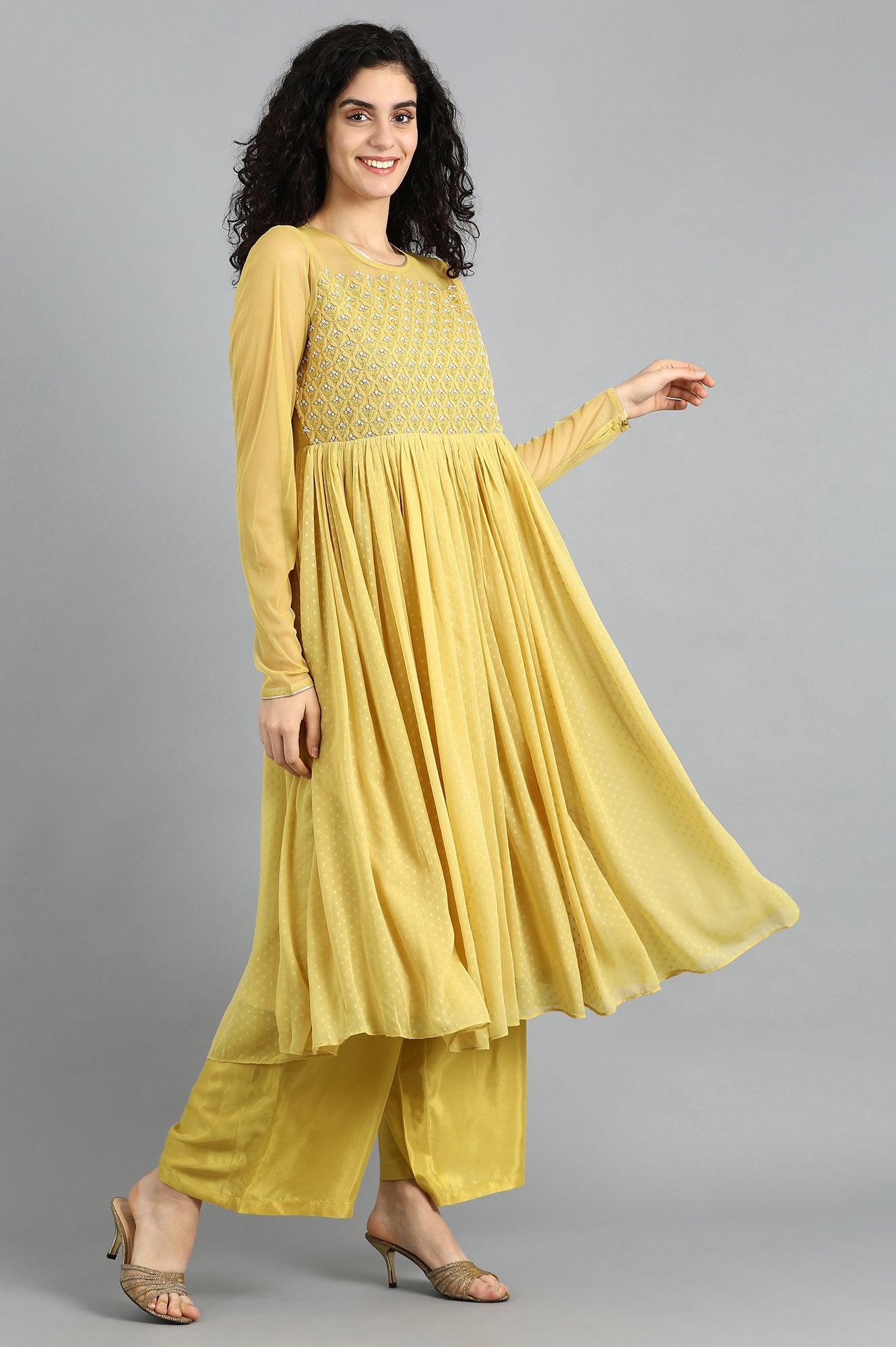 Yellow Round Neck Embellished Set