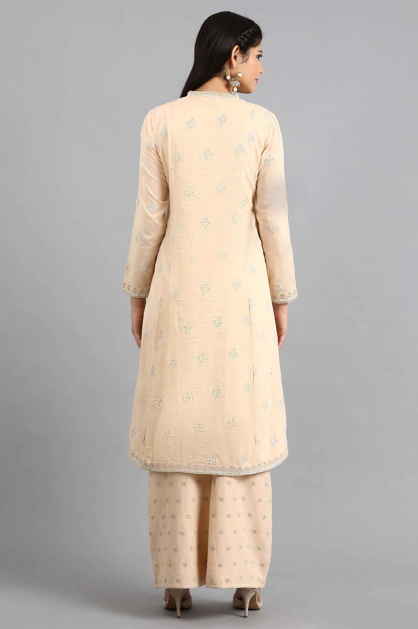 Peach Mandarin Neck Embellished kurta Set