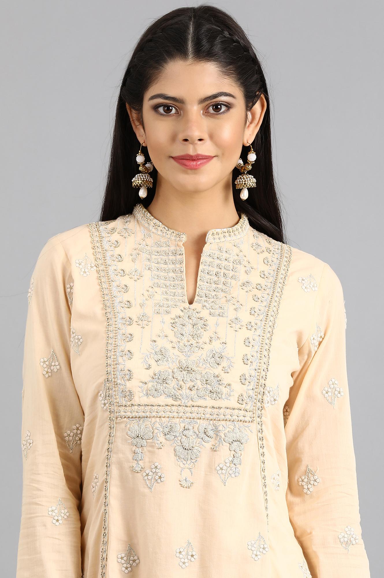 Peach Mandarin Neck Embellished kurta Set