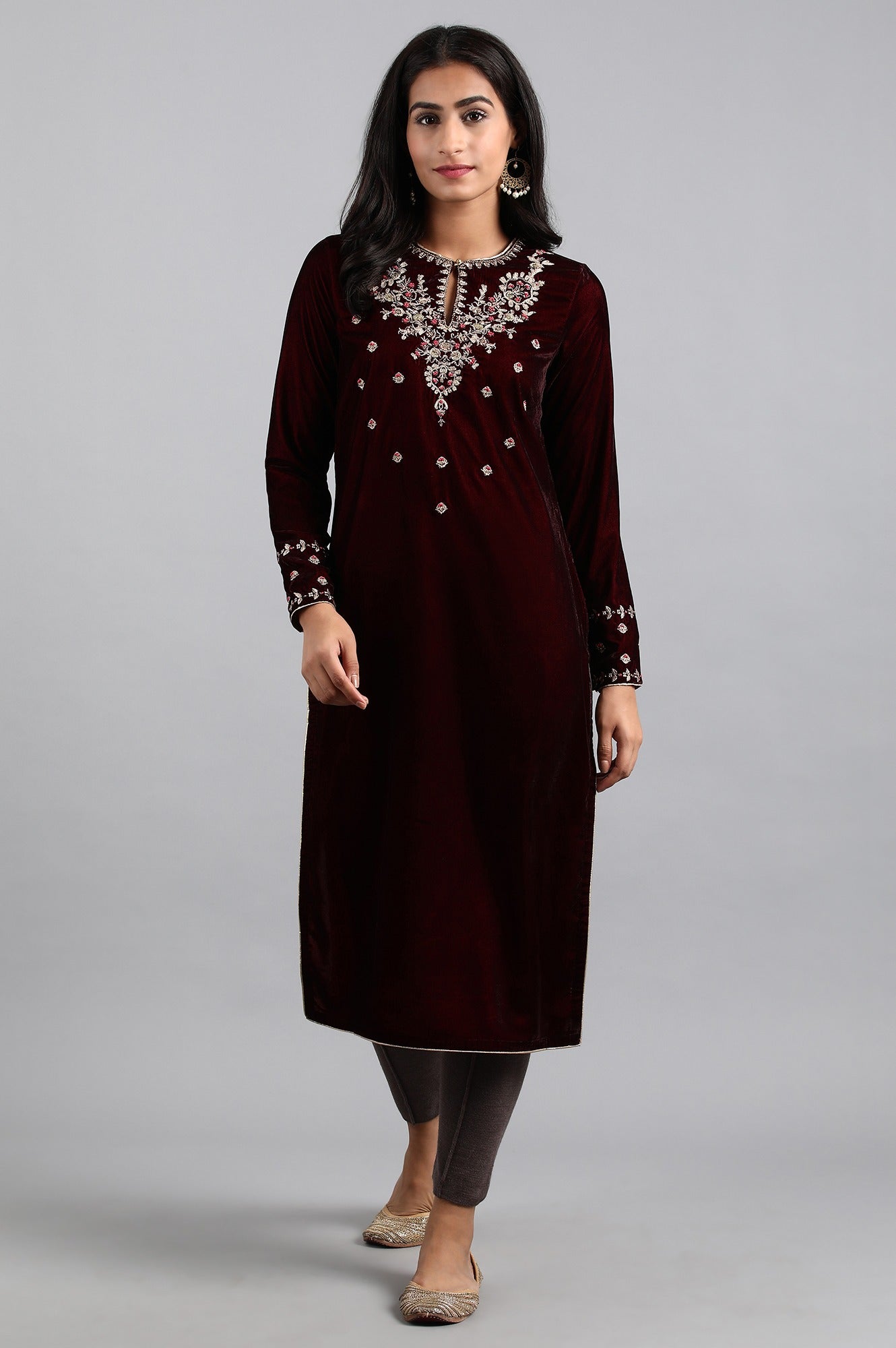 Wine Round Neck Velvet Winter kurta