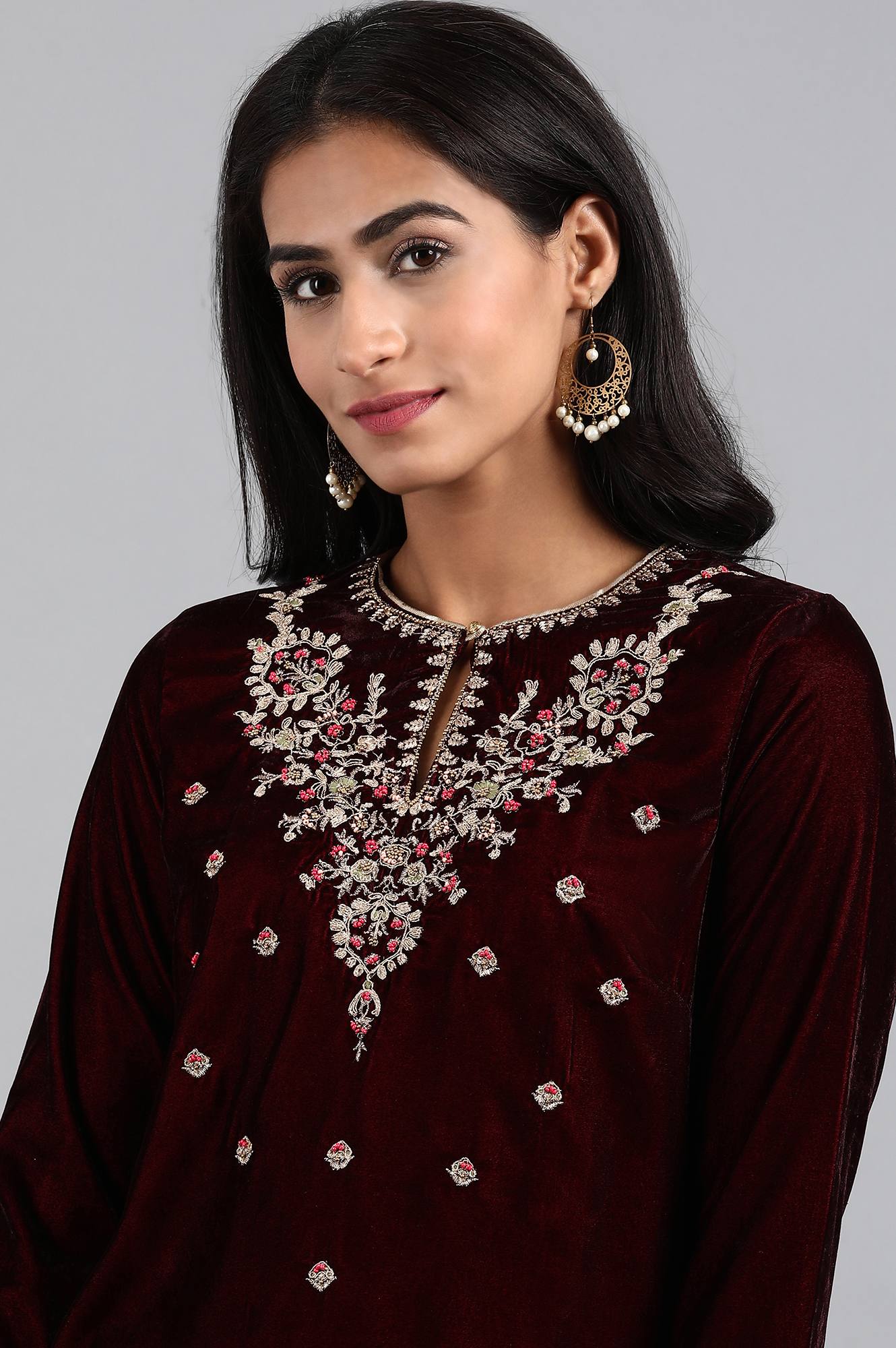 Wine Round Neck Velvet Winter kurta