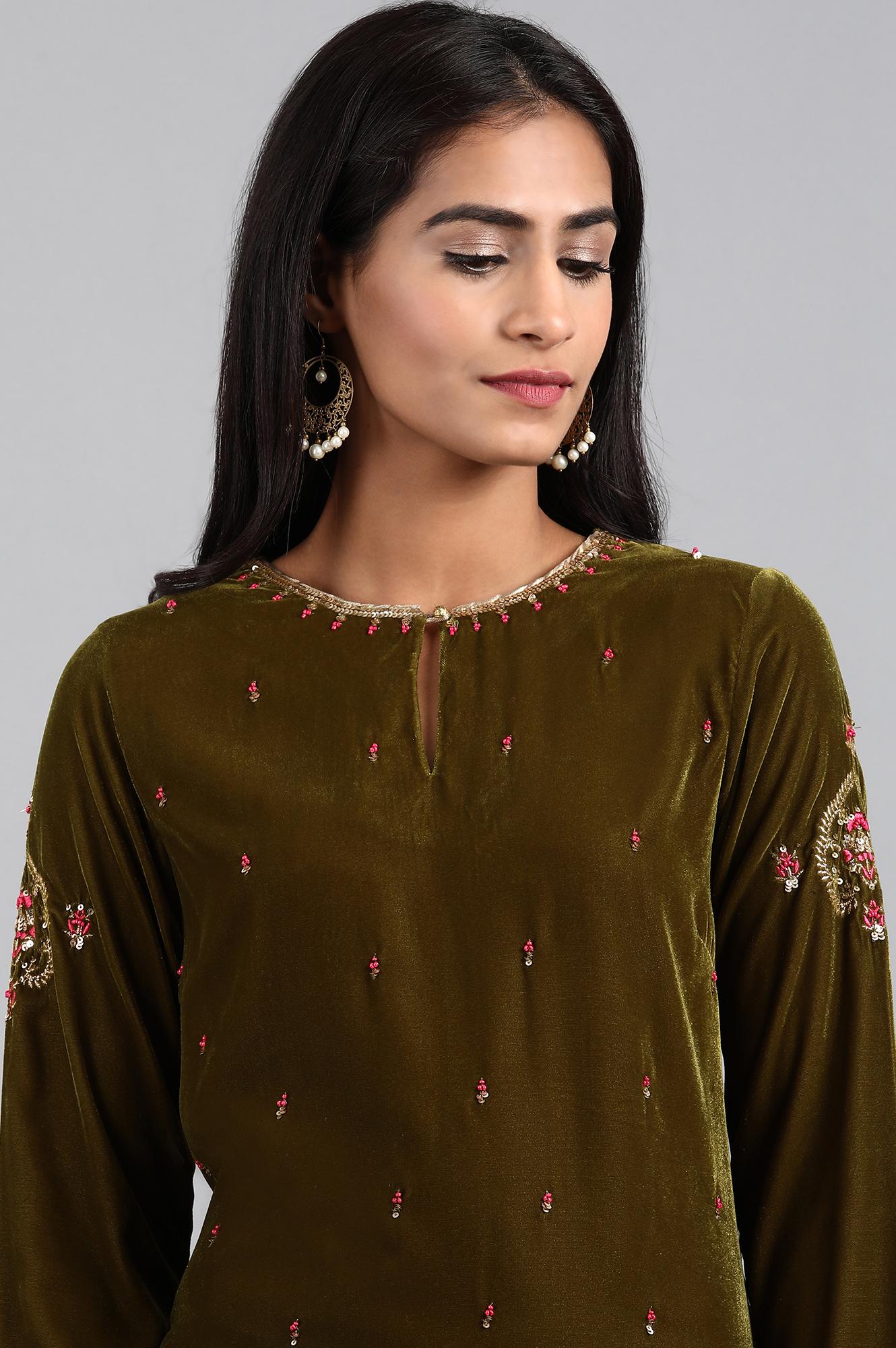 Green Round Neck Velvet Winter kurta