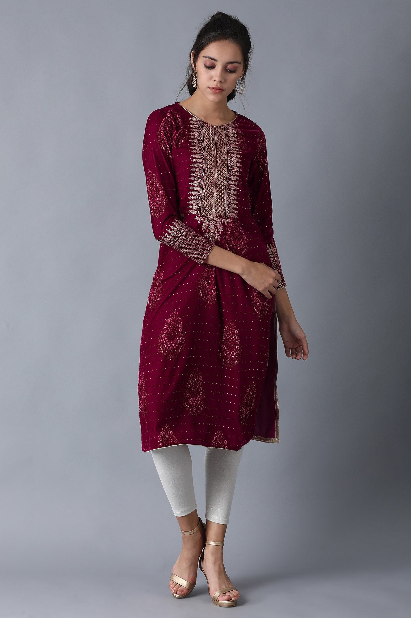 Wine Round Neck Velvet Winter kurta