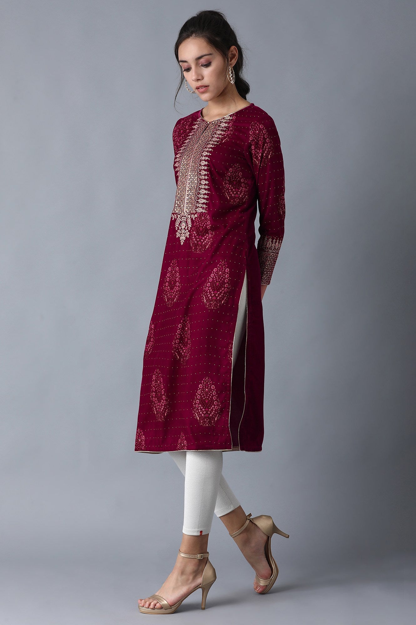 Wine Round Neck Velvet Winter kurta