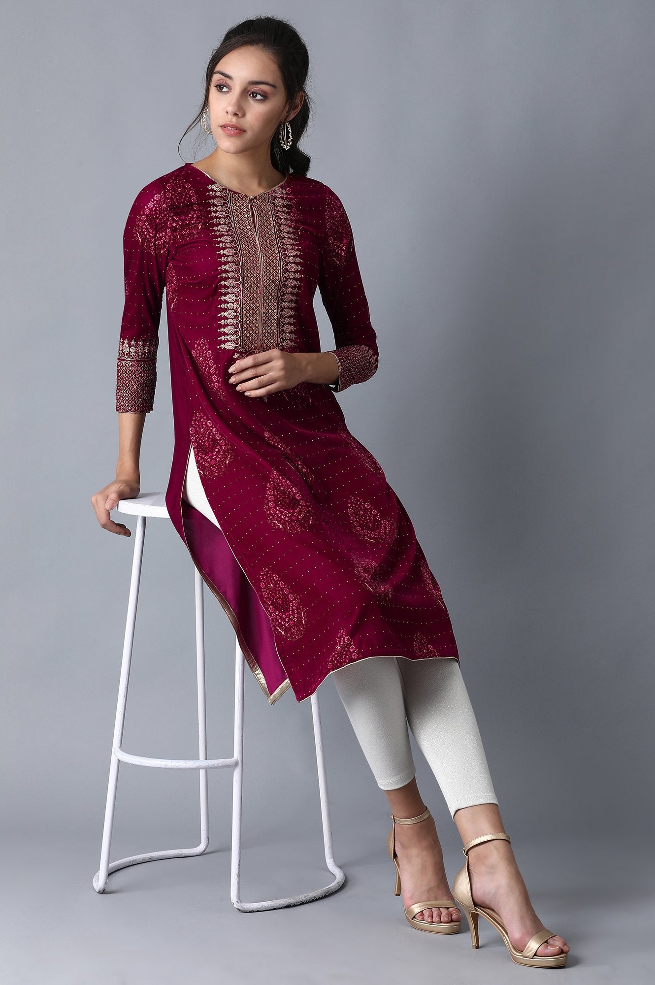 Wine Round Neck Velvet Winter kurta