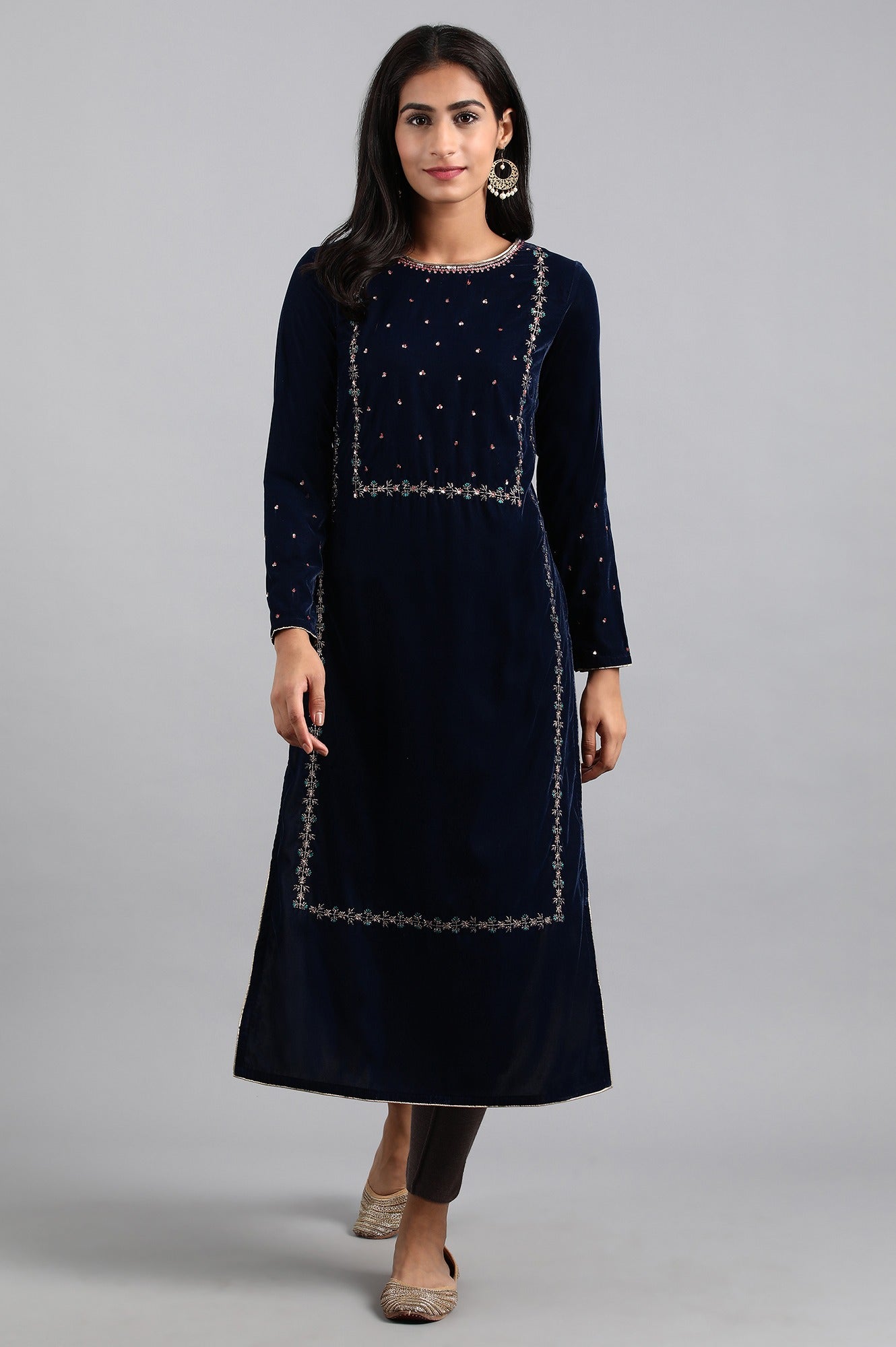 Blue Round Neck Velvet Winter kurta