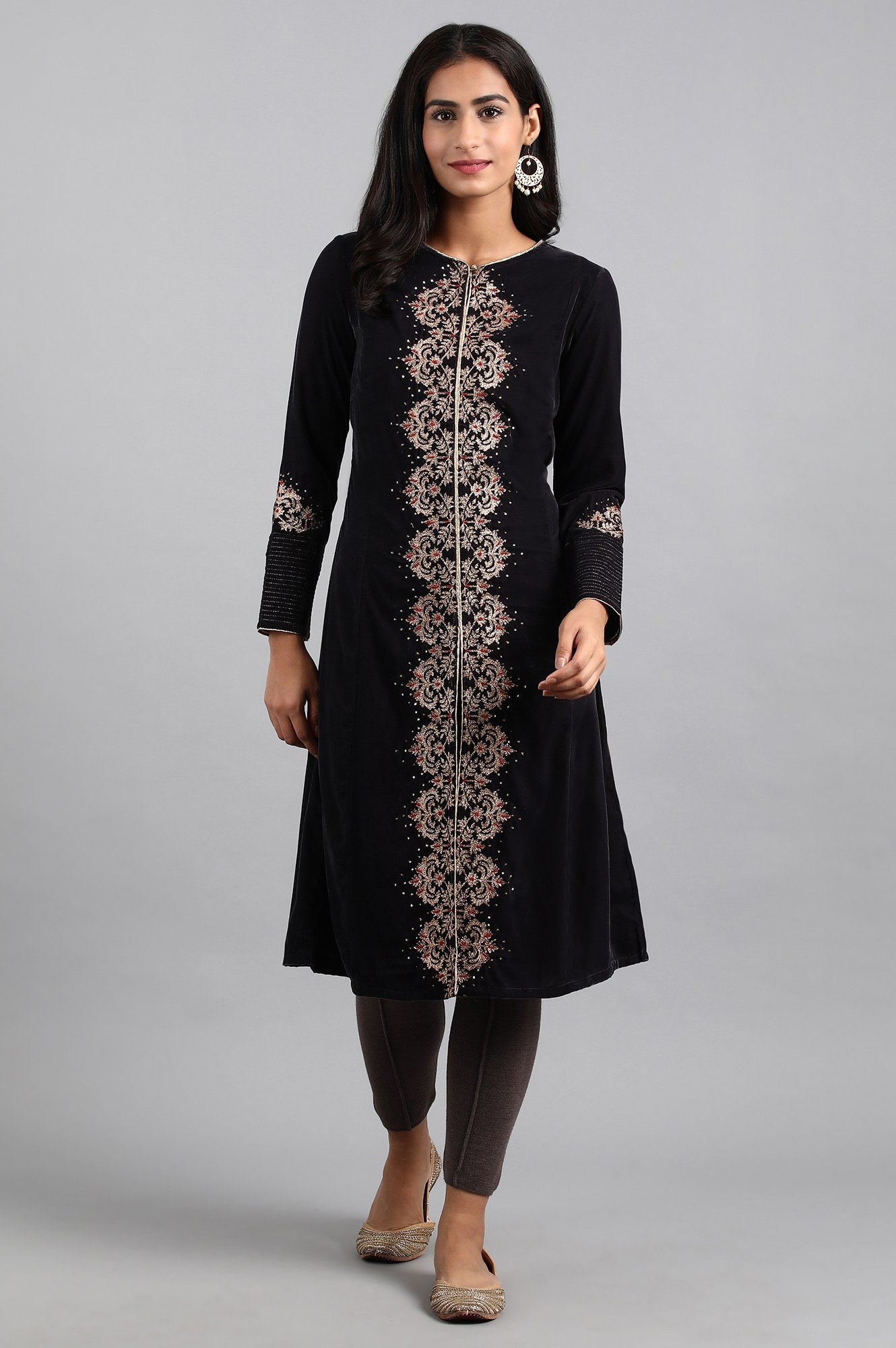 Dark Grey Round Neck Velvet Winter kurta