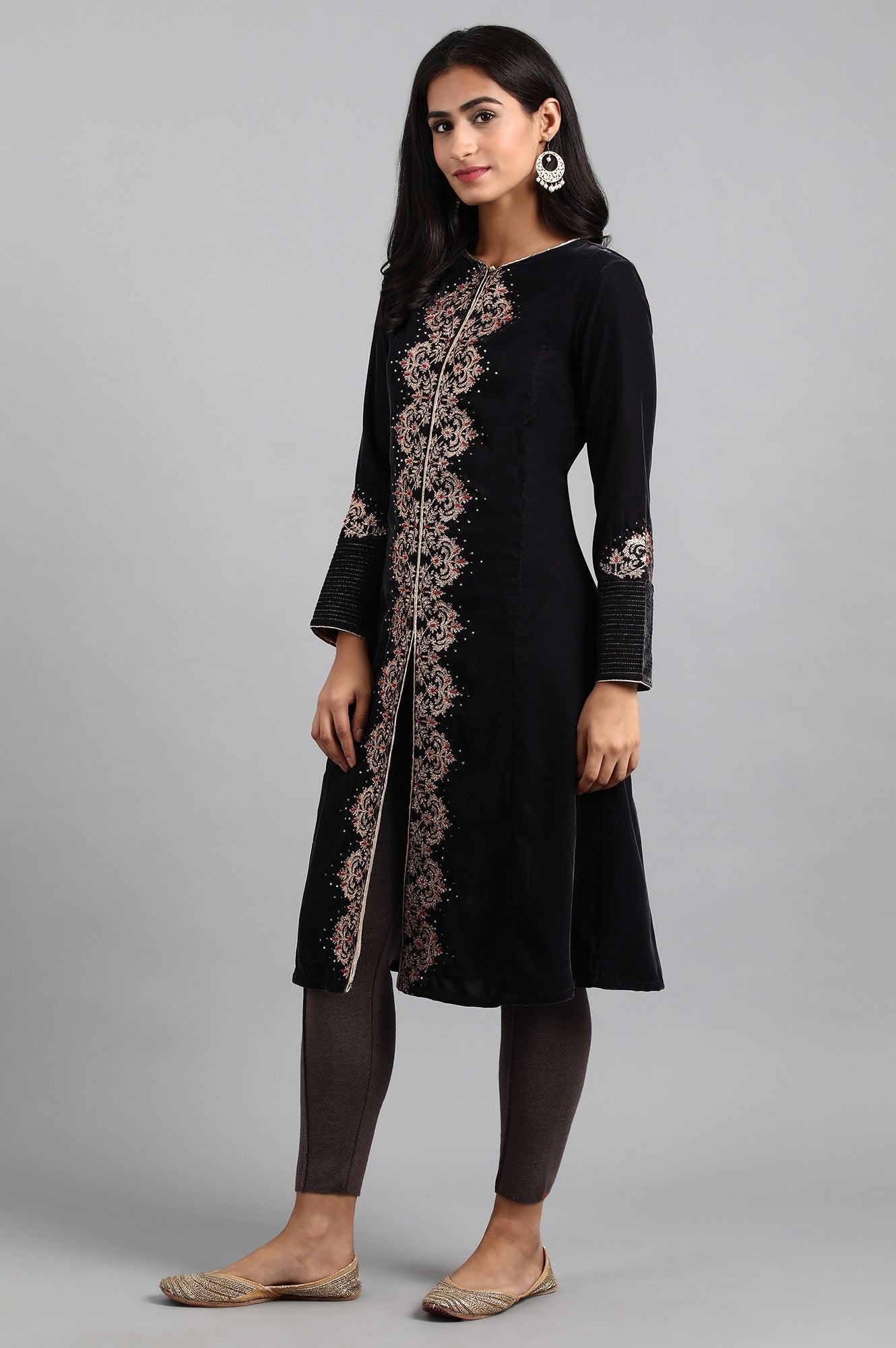 Dark Grey Round Neck Velvet Winter kurta