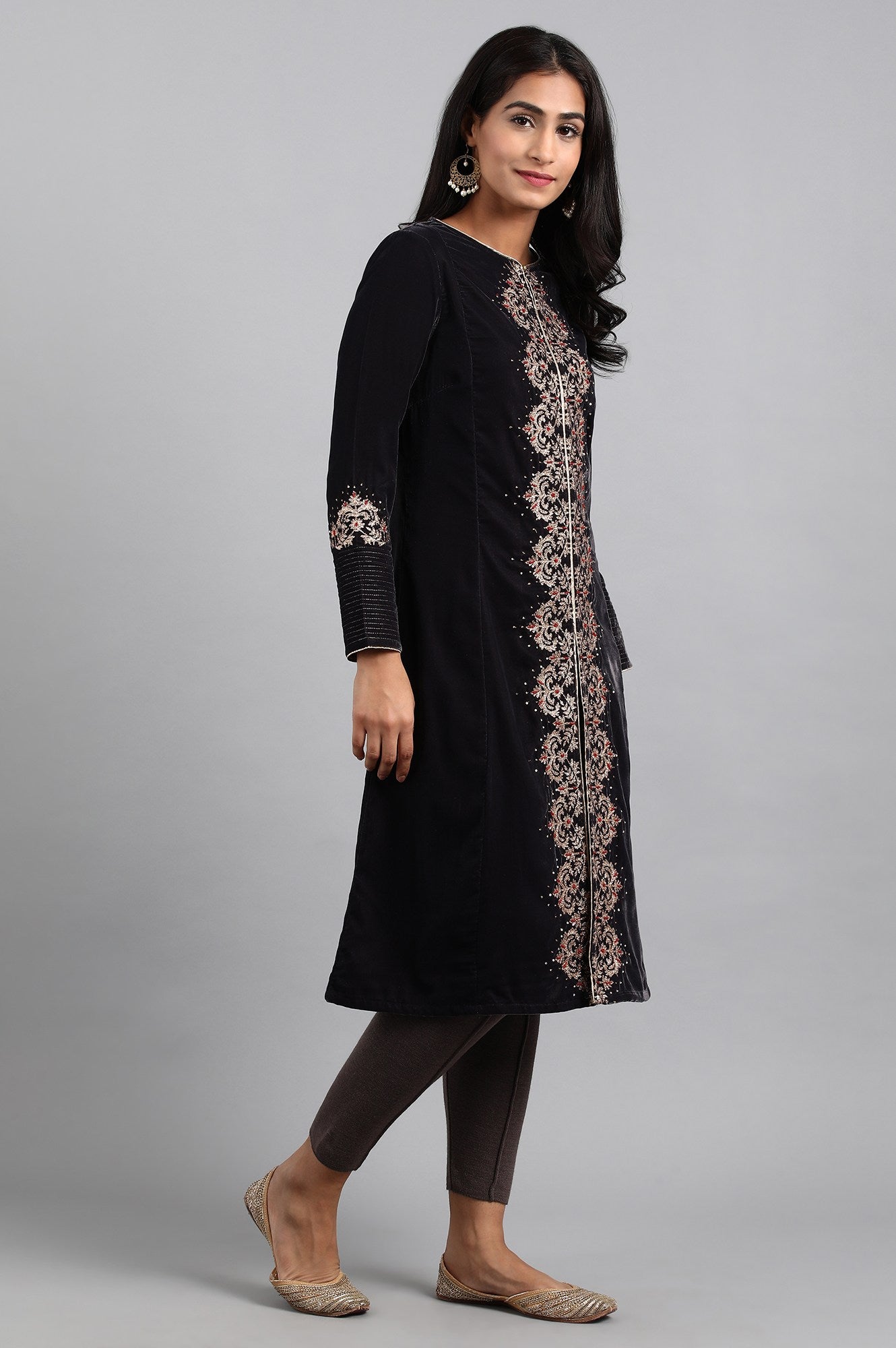 Dark Grey Round Neck Velvet Winter kurta