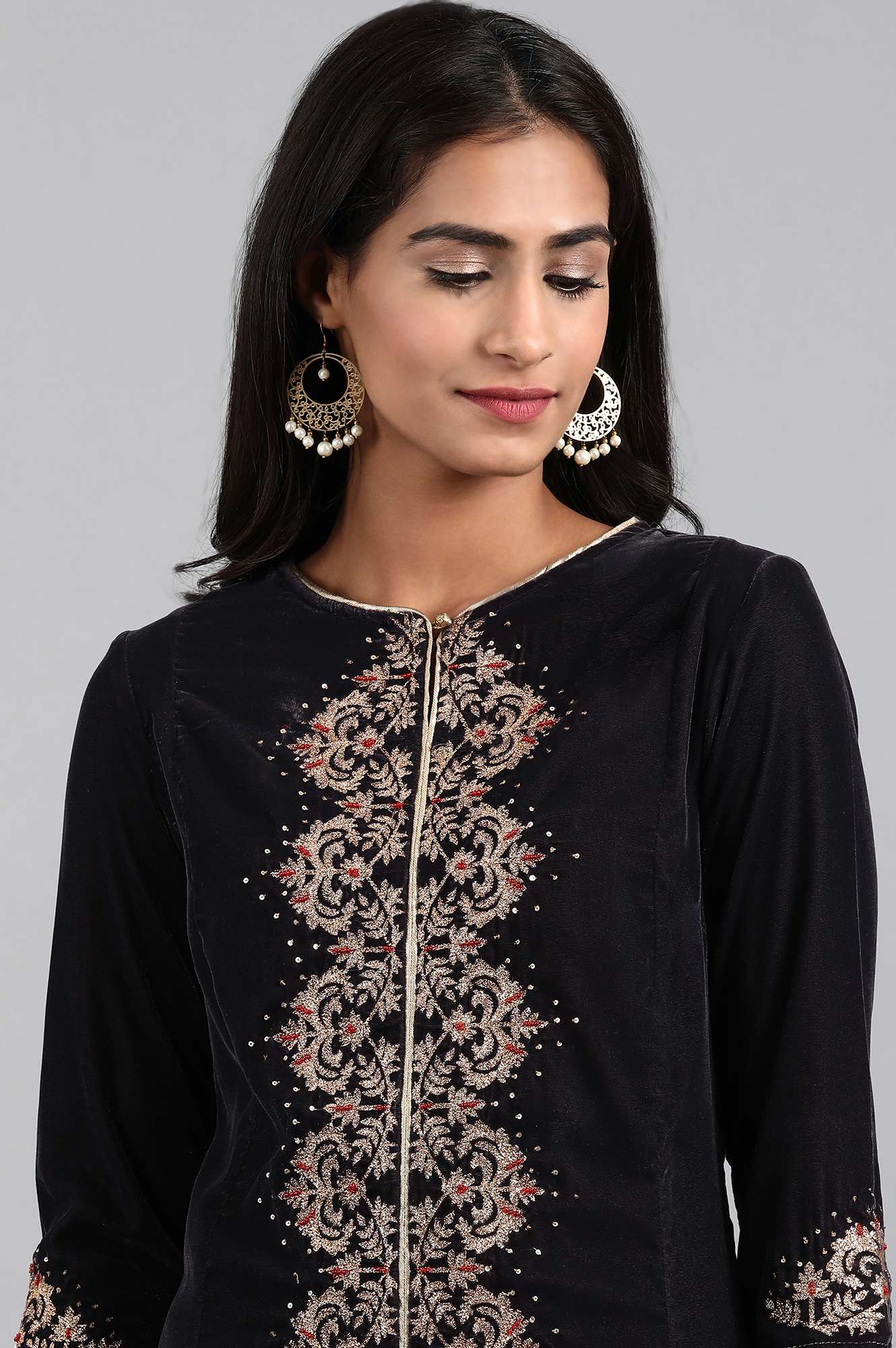 Dark Grey Round Neck Velvet Winter kurta