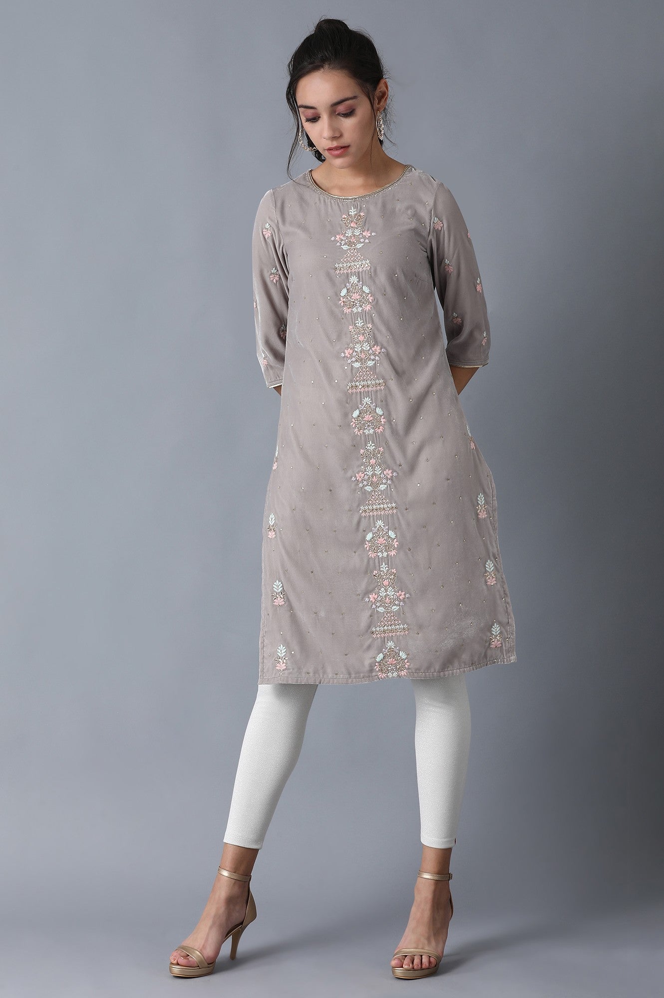 Grey Round Neck Velvet Winter kurta