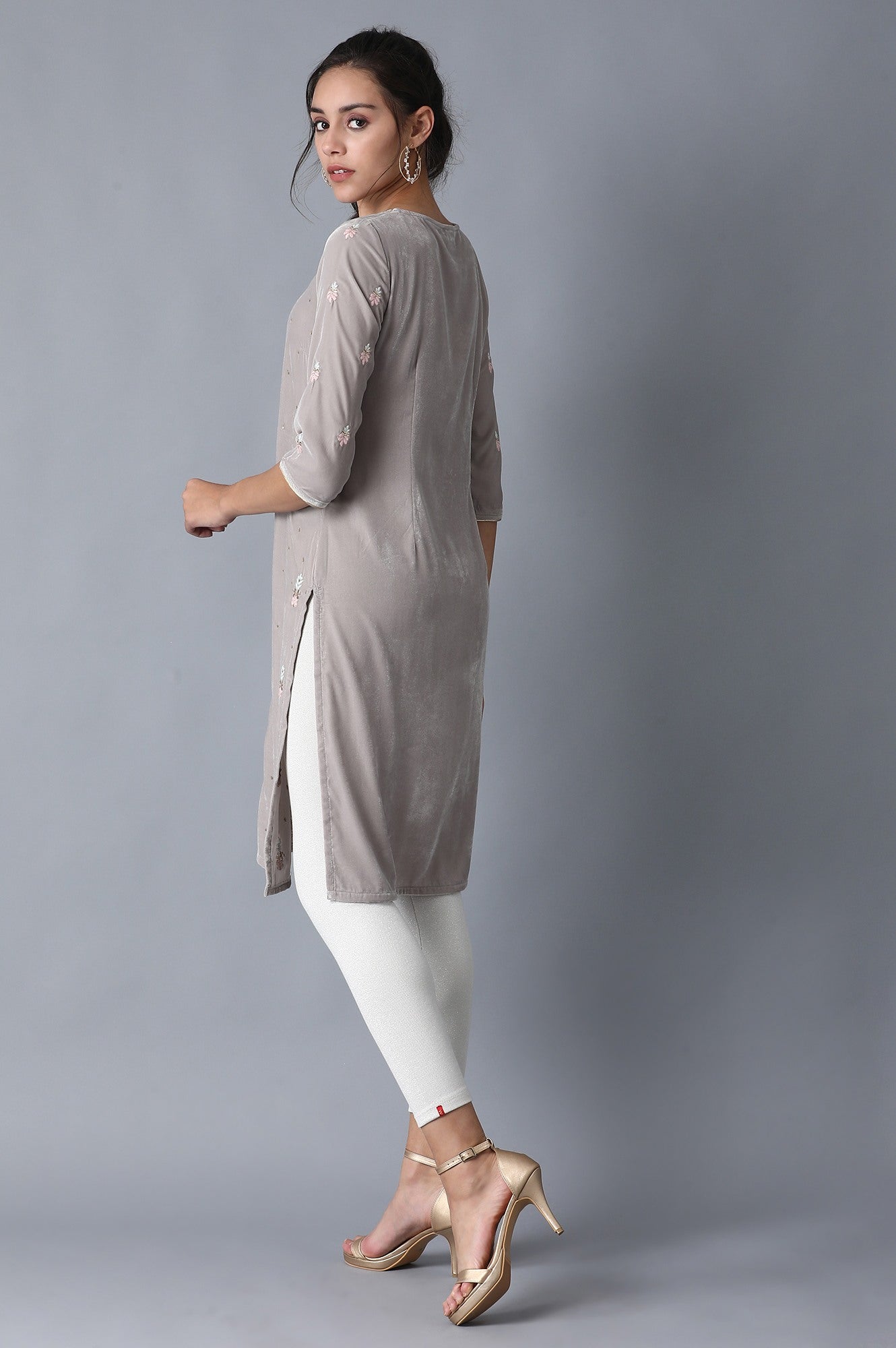 Grey Round Neck Velvet Winter kurta