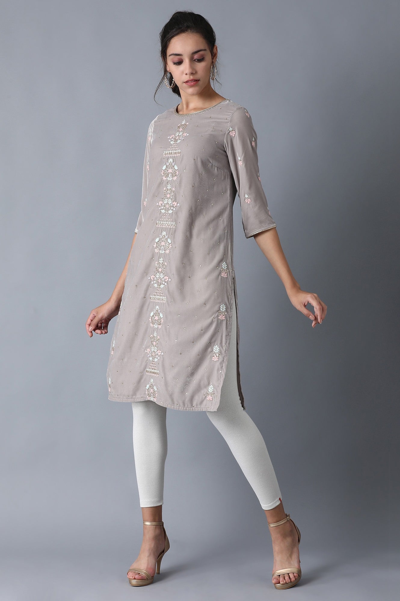 Grey Round Neck Velvet Winter kurta