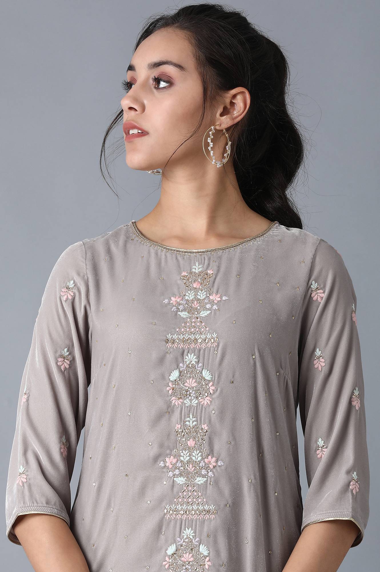 Grey Round Neck Velvet Winter kurta