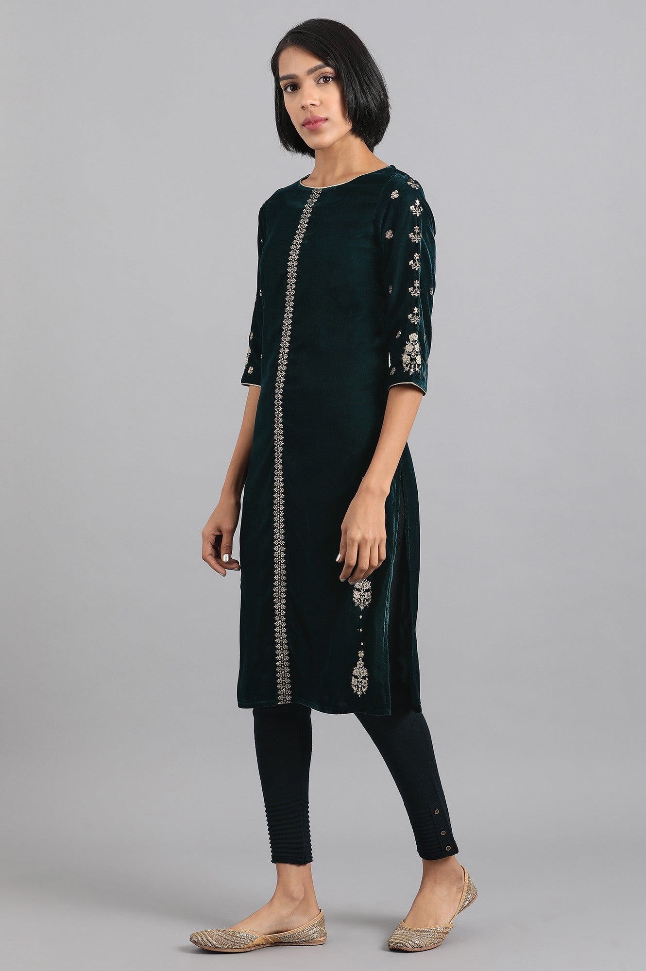 Teal Embroidered Winter kurta