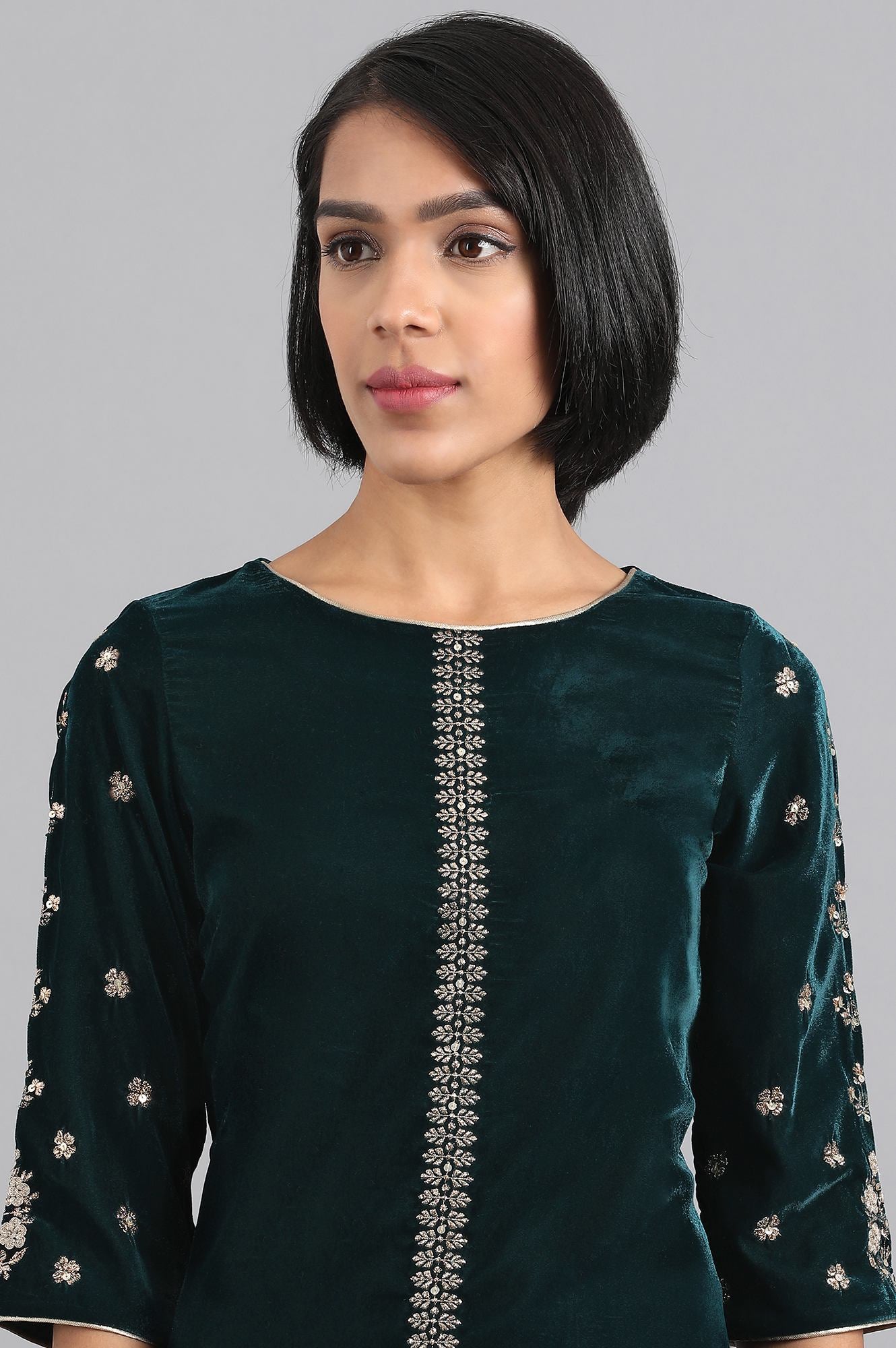 Teal Embroidered Winter kurta