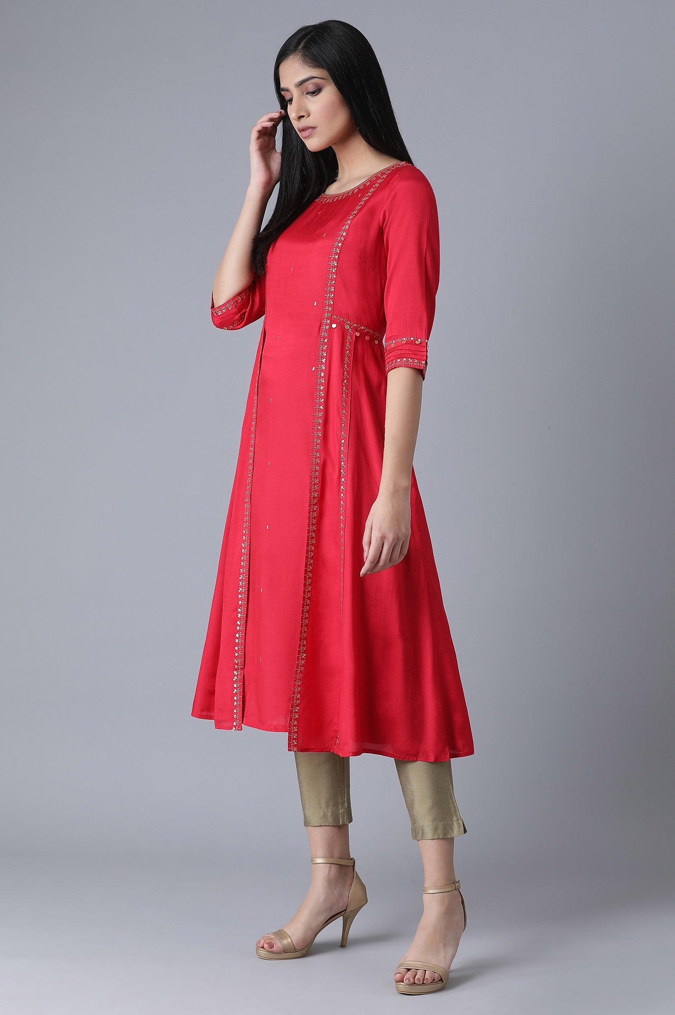 Red Mocklayer Solid kurta