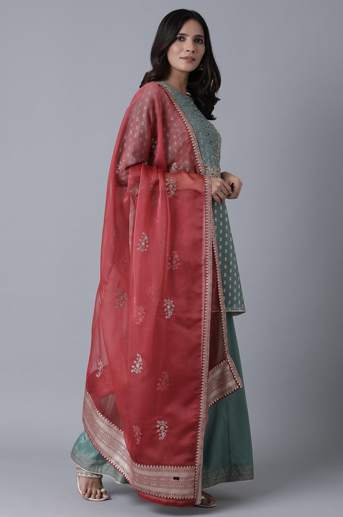 Teal Short kurta-Sharara-Drape Set