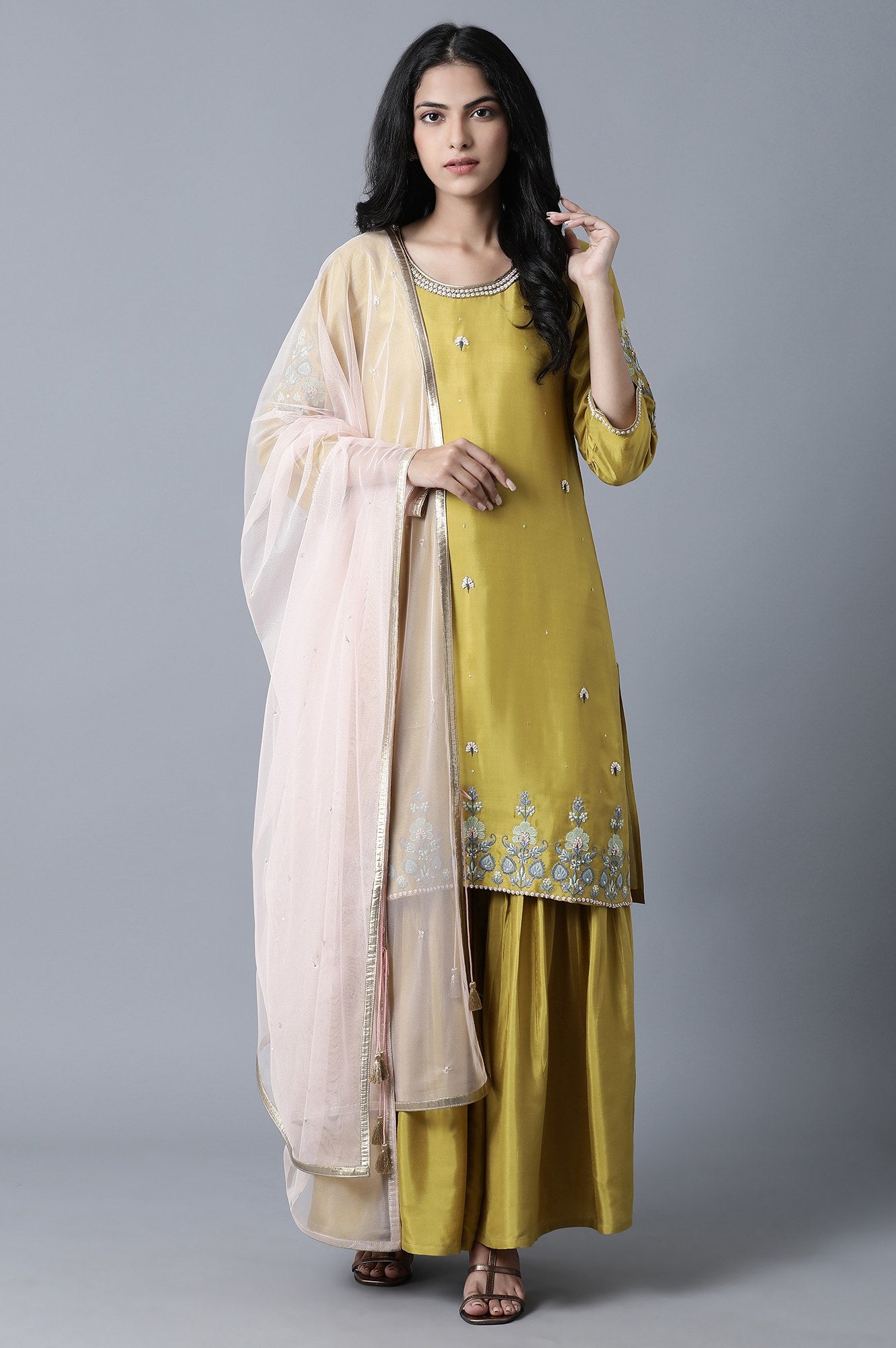 Olive Green Embroidered kurta-Sharara Set