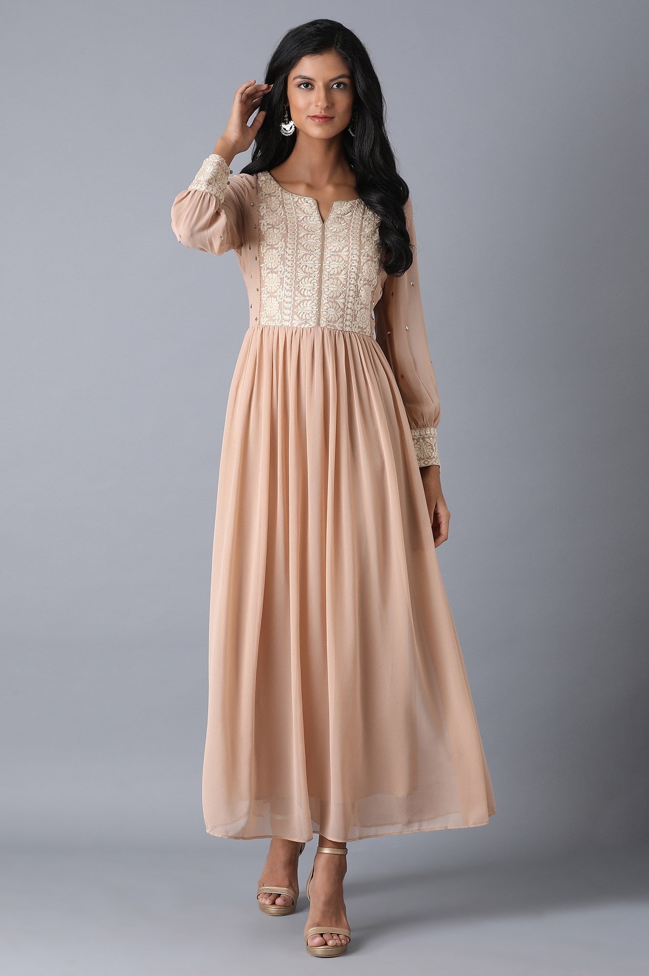 Beige Embroidered Flared Dress