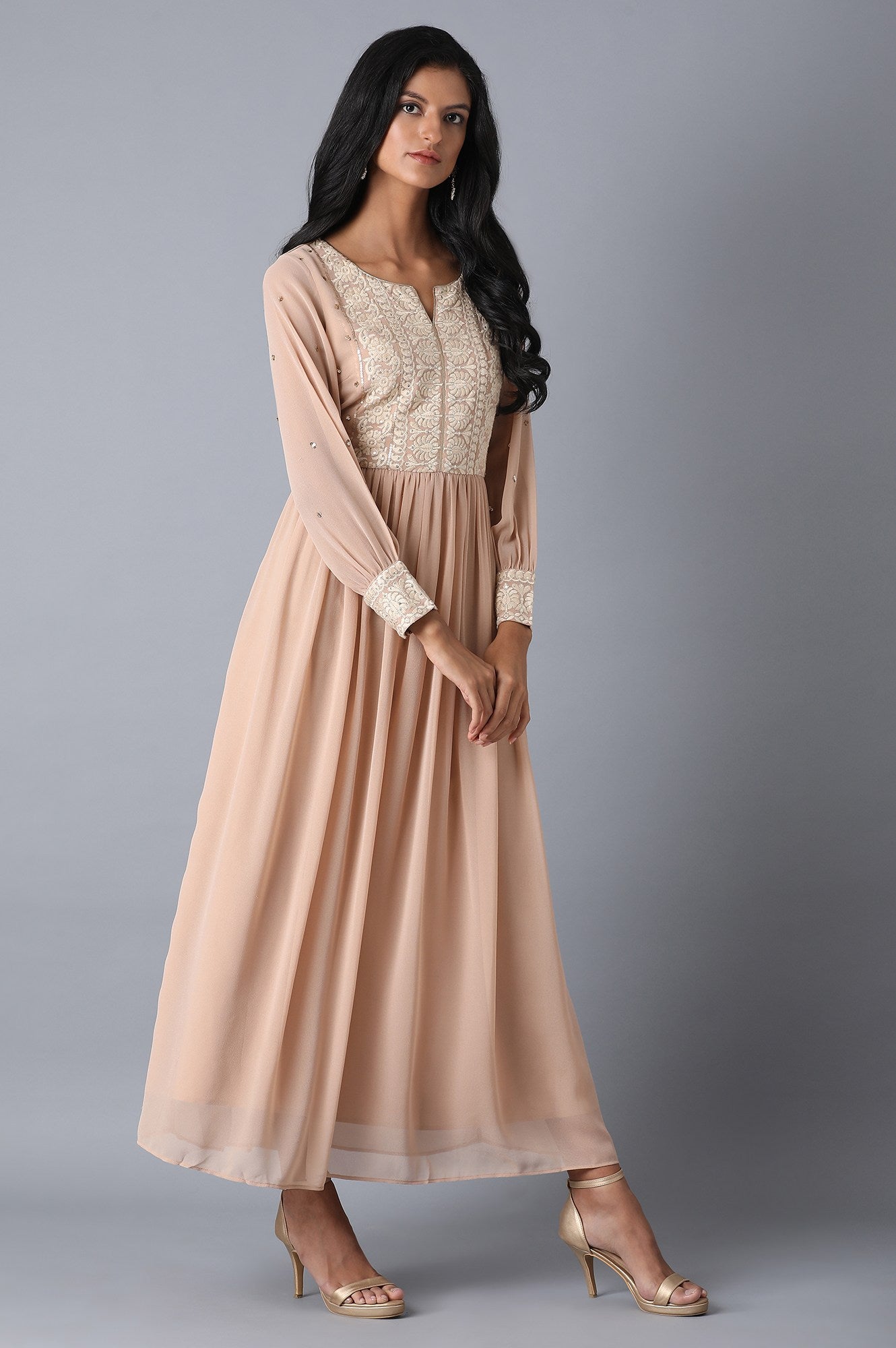 Beige Embroidered Flared Dress