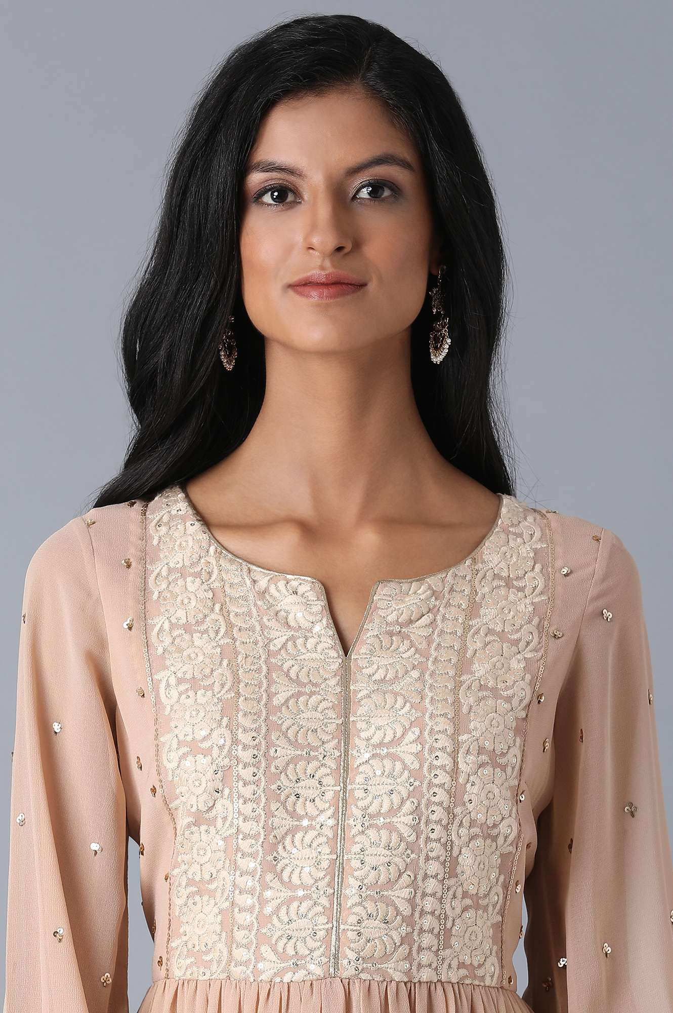 Beige Embroidered Flared Dress