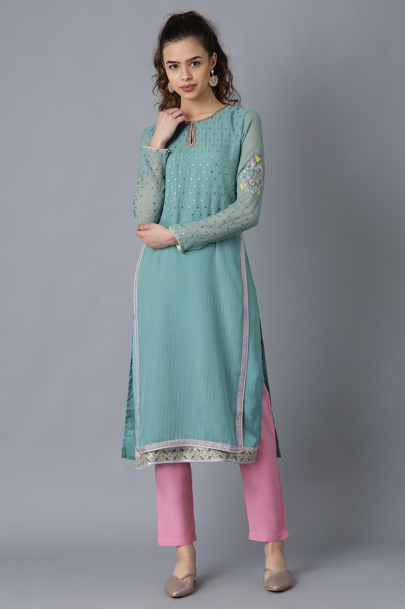 Green Round Neck Printed kurta