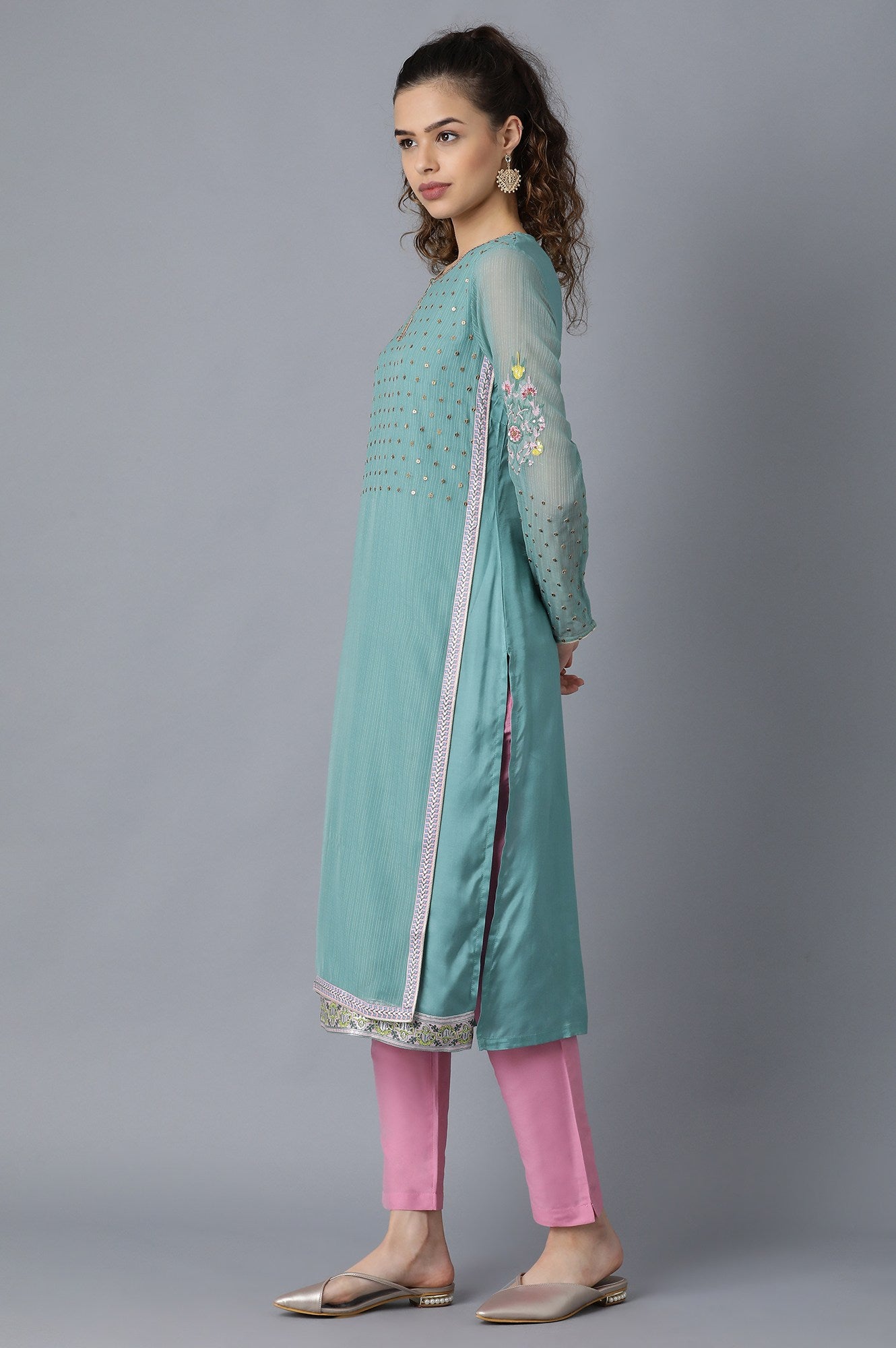 Green Round Neck Printed kurta