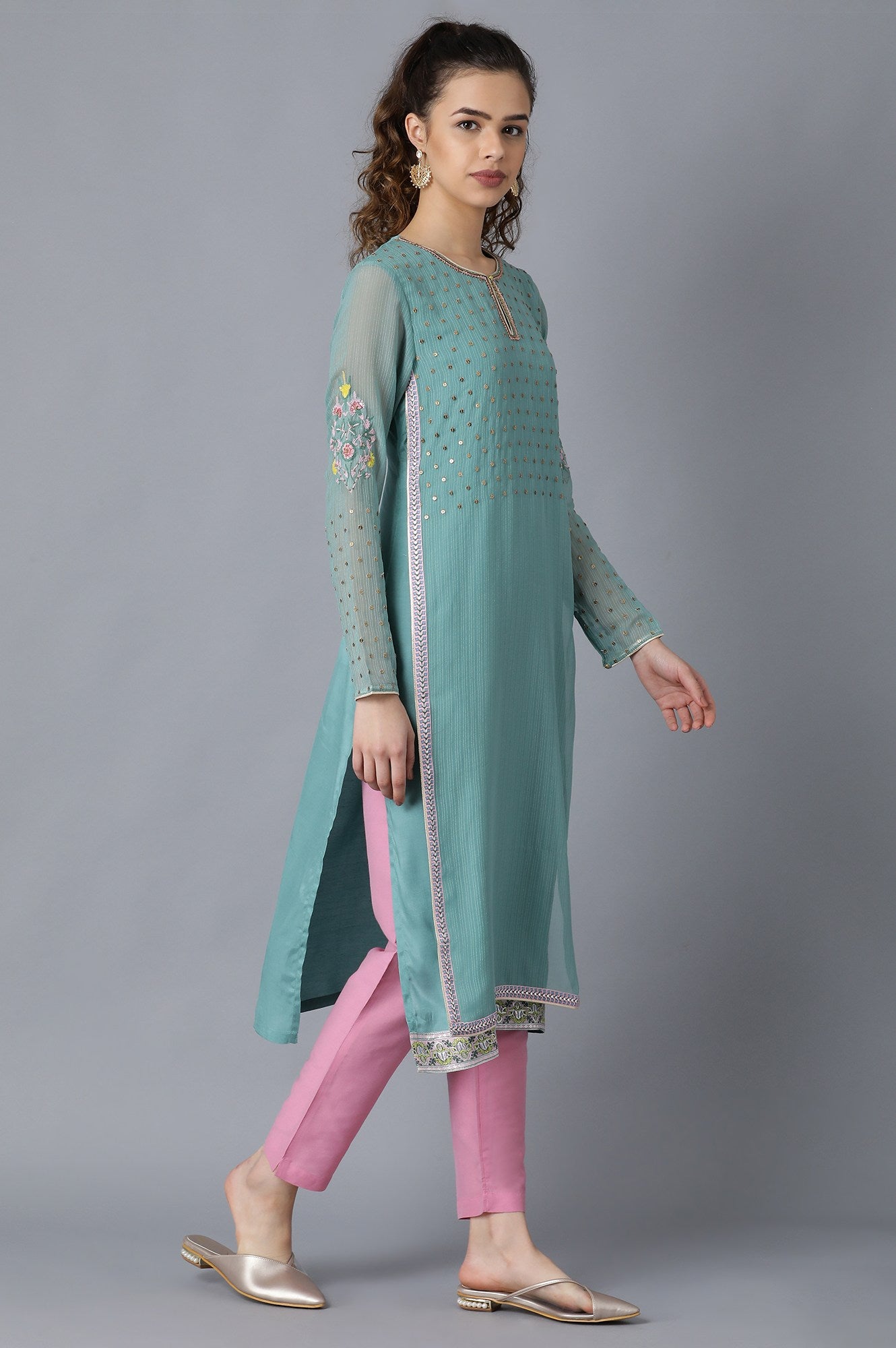 Green Round Neck Printed kurta