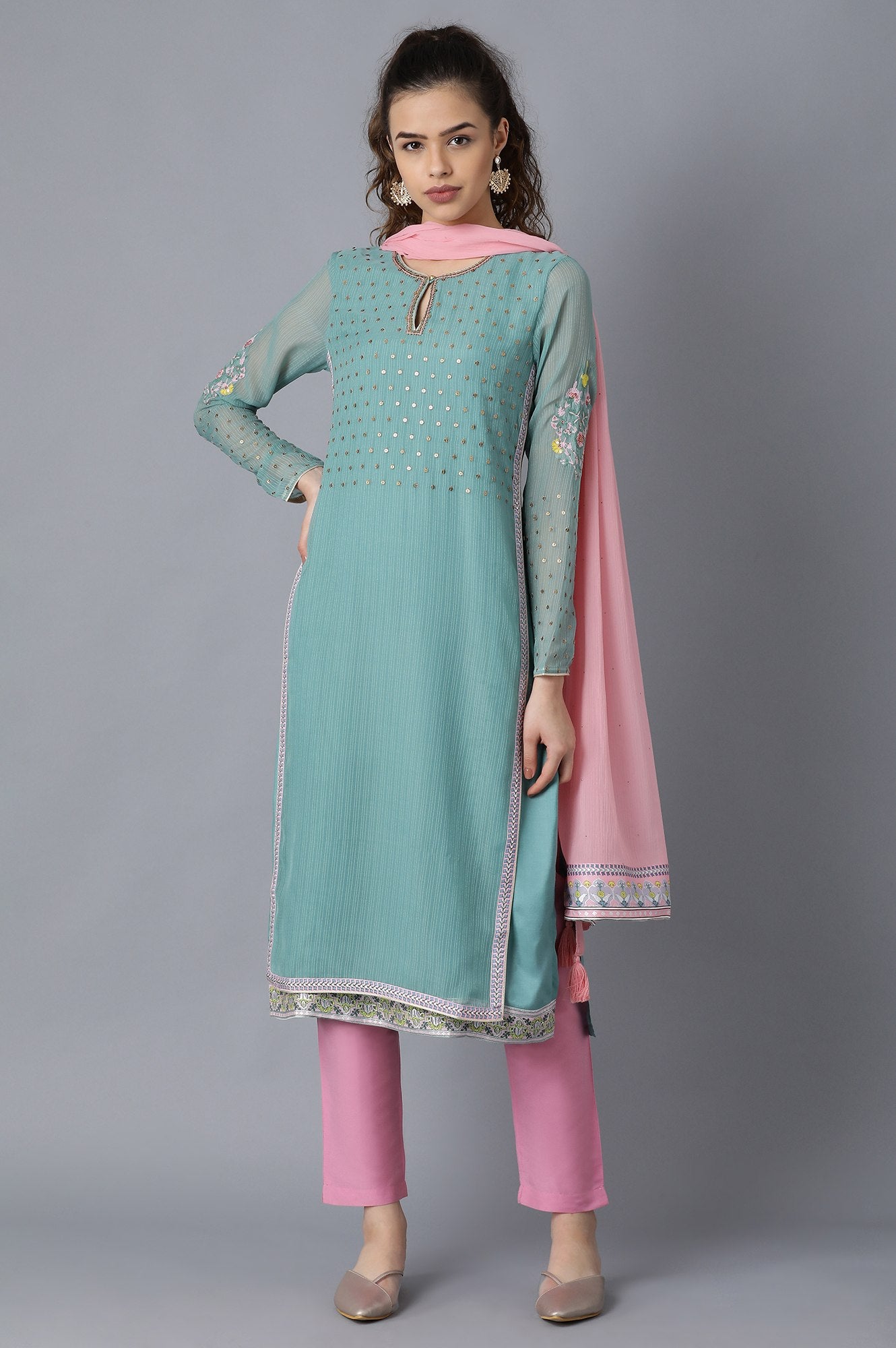 Green Round Neck Printed kurta