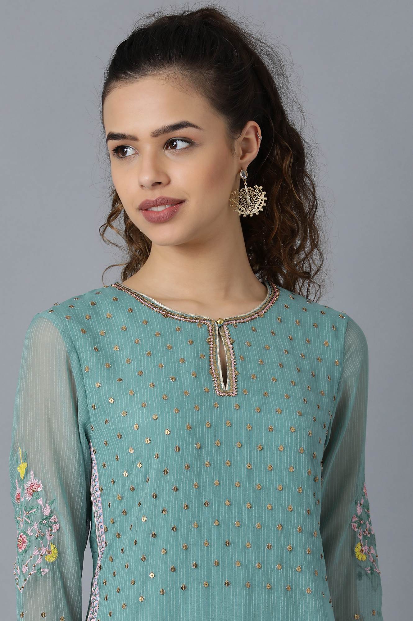Green Round Neck Printed kurta